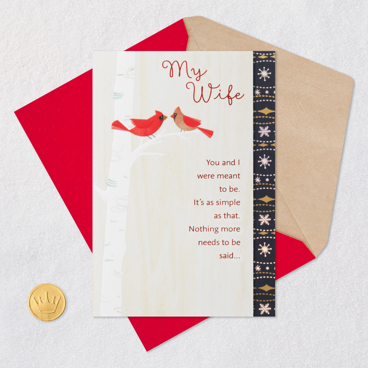 Two Cardinals on Tree Christmas Card for Wife Card Front with Envelope and Gold Seal image number 5