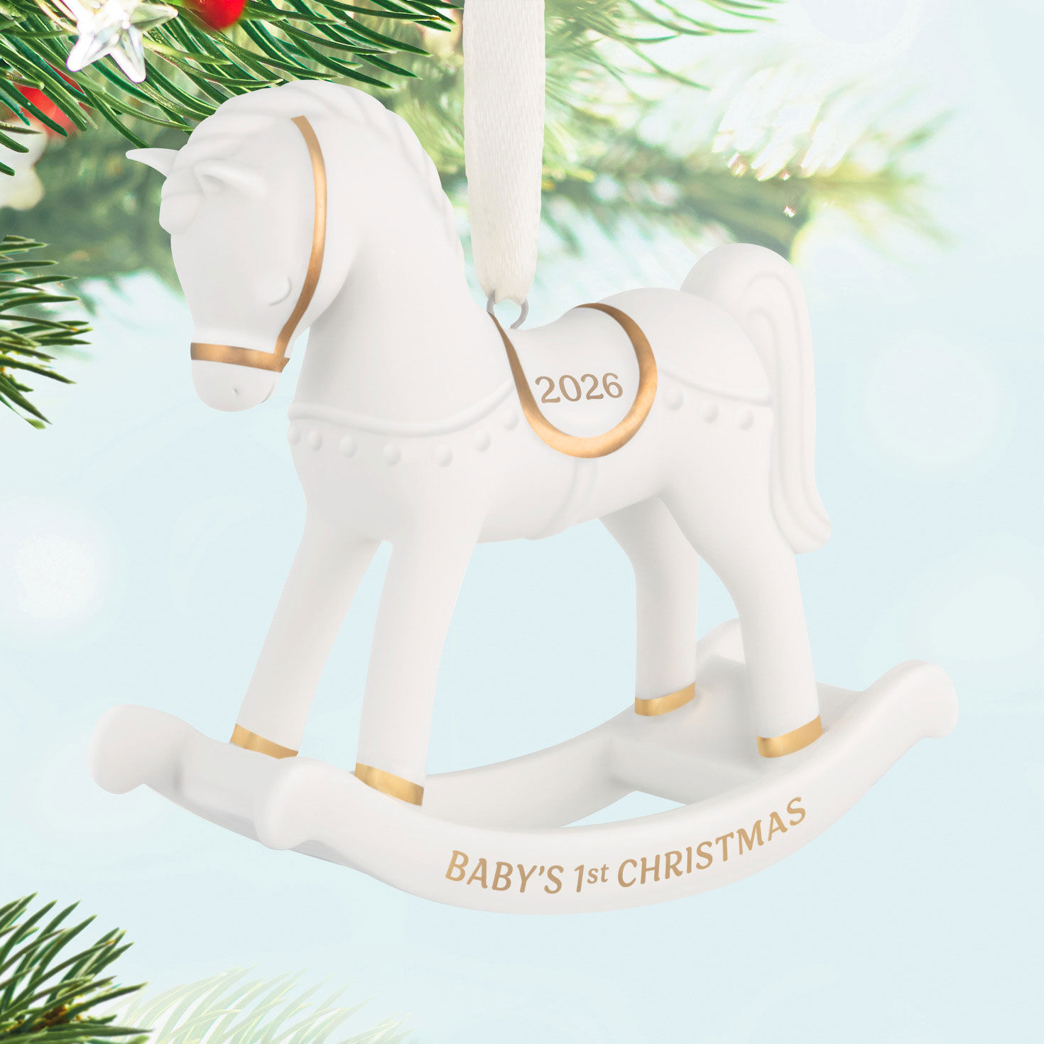 Baby's 1st White Rocking Horse Keepsake Ornament Hanging on tree image number 2
