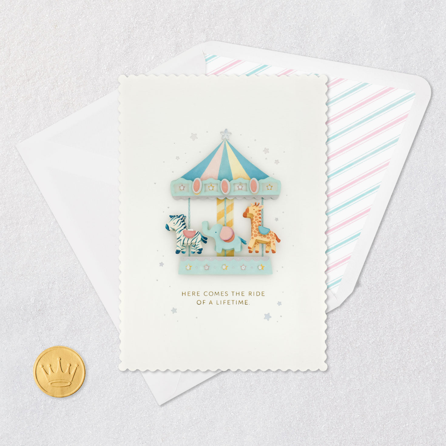 Pink and Blue Carousel New Baby Congrats Card Card Front with Envelope and Gold Seal image number 5