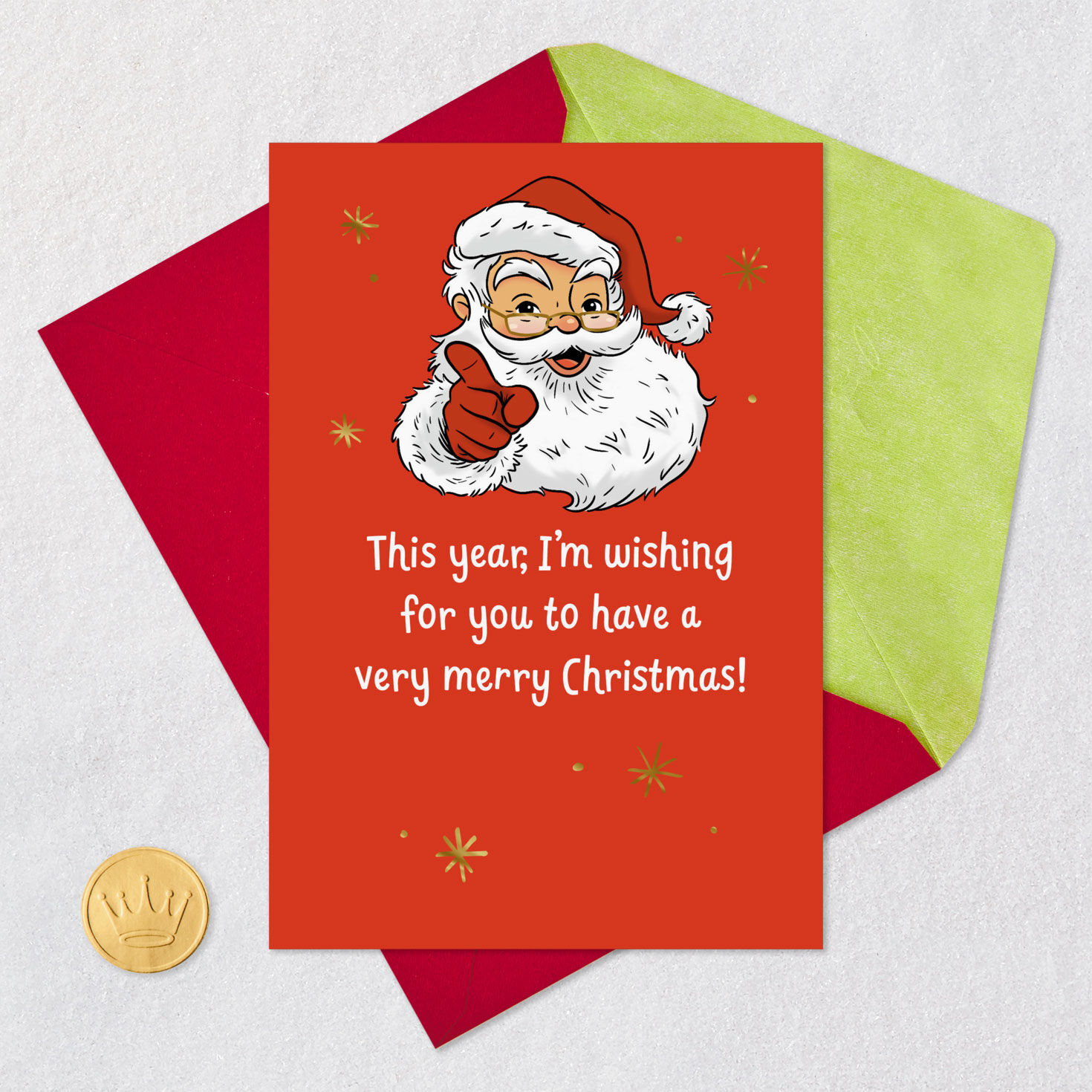 Santa Pointing Finger Funny Christmas Card Card Front with Envelope and Gold Seal image number 5