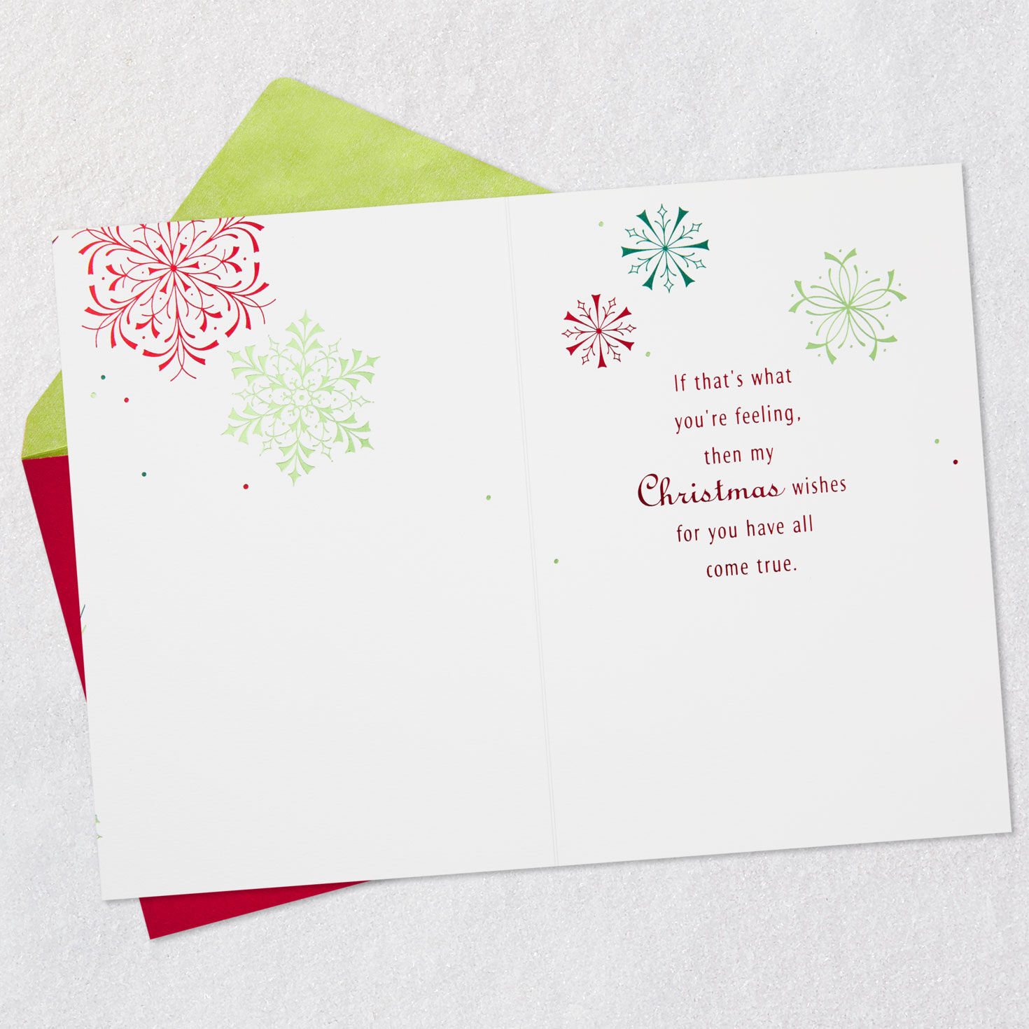 Modern Red and Green Snowflakes Christmas Card Open card with envelope image number 3