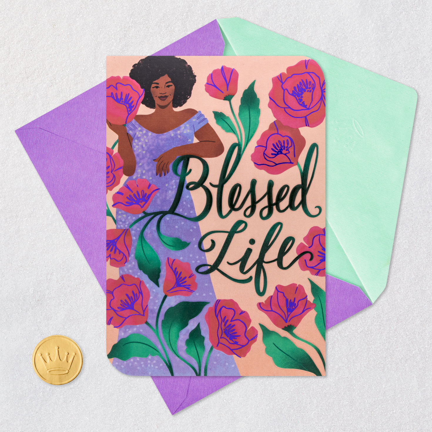 Black Woman With Pink Flowers Mother's Day Card Card Front with Envelope and Gold Seal image number 6