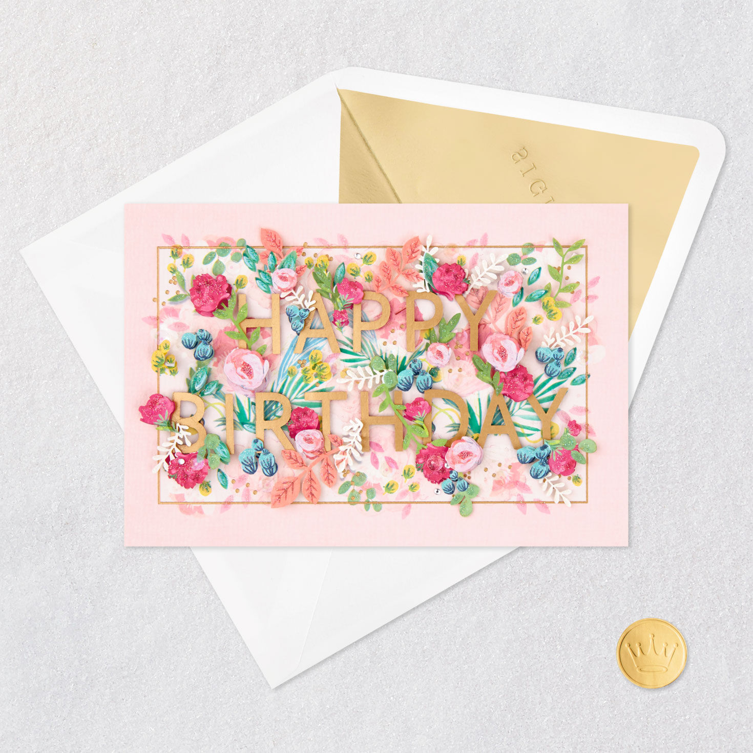 Vibrant Flowers on Pink Birthday Card Card Front with Envelope and Gold Seal image number 5