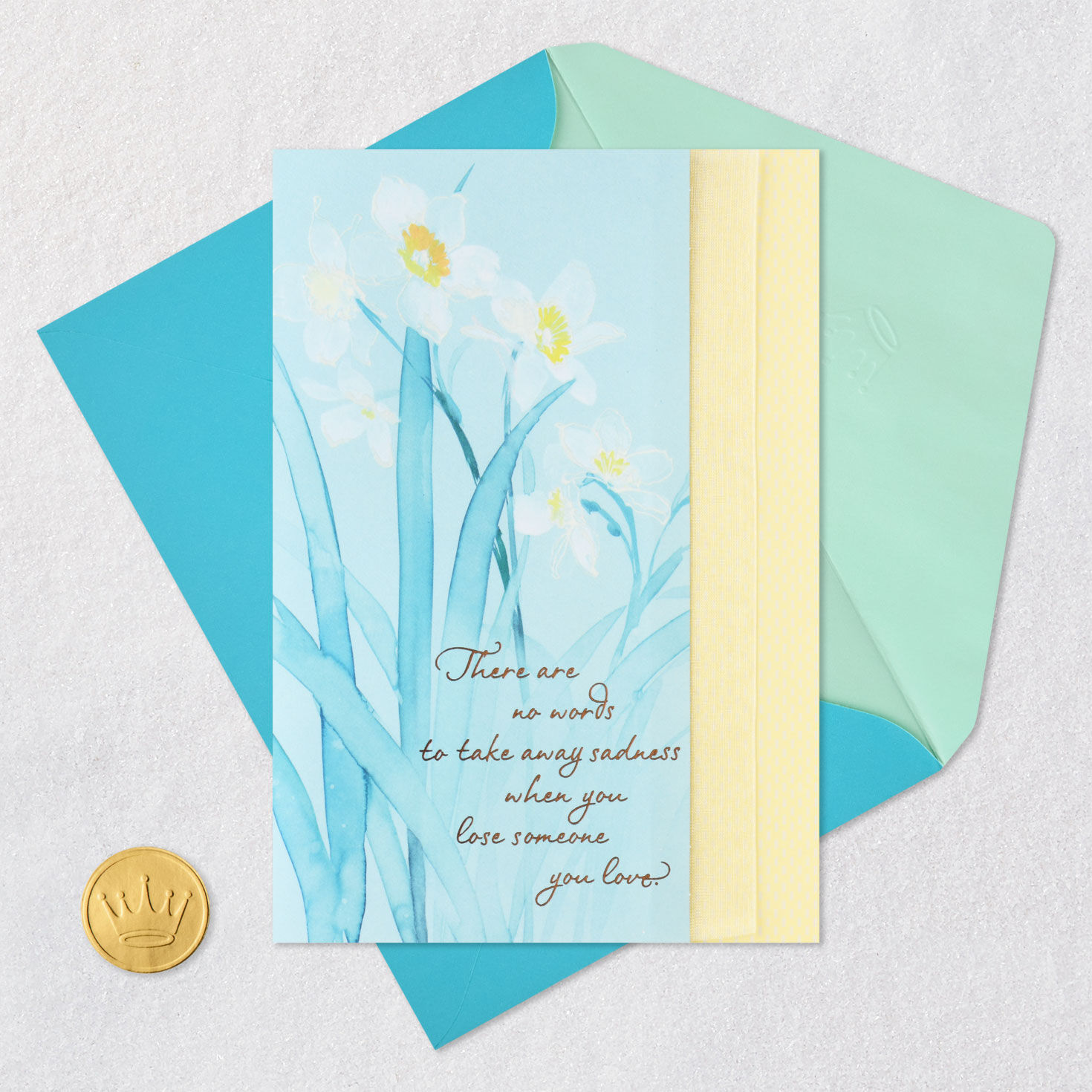 Painted White Flowers on Teal Sympathy Card Card Front with Envelope and Gold Seal image number 5