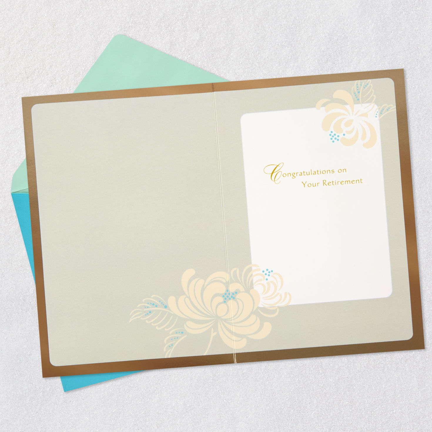 Gold Foil Flowers on Gray Retirement Card Open card with envelope image number 3