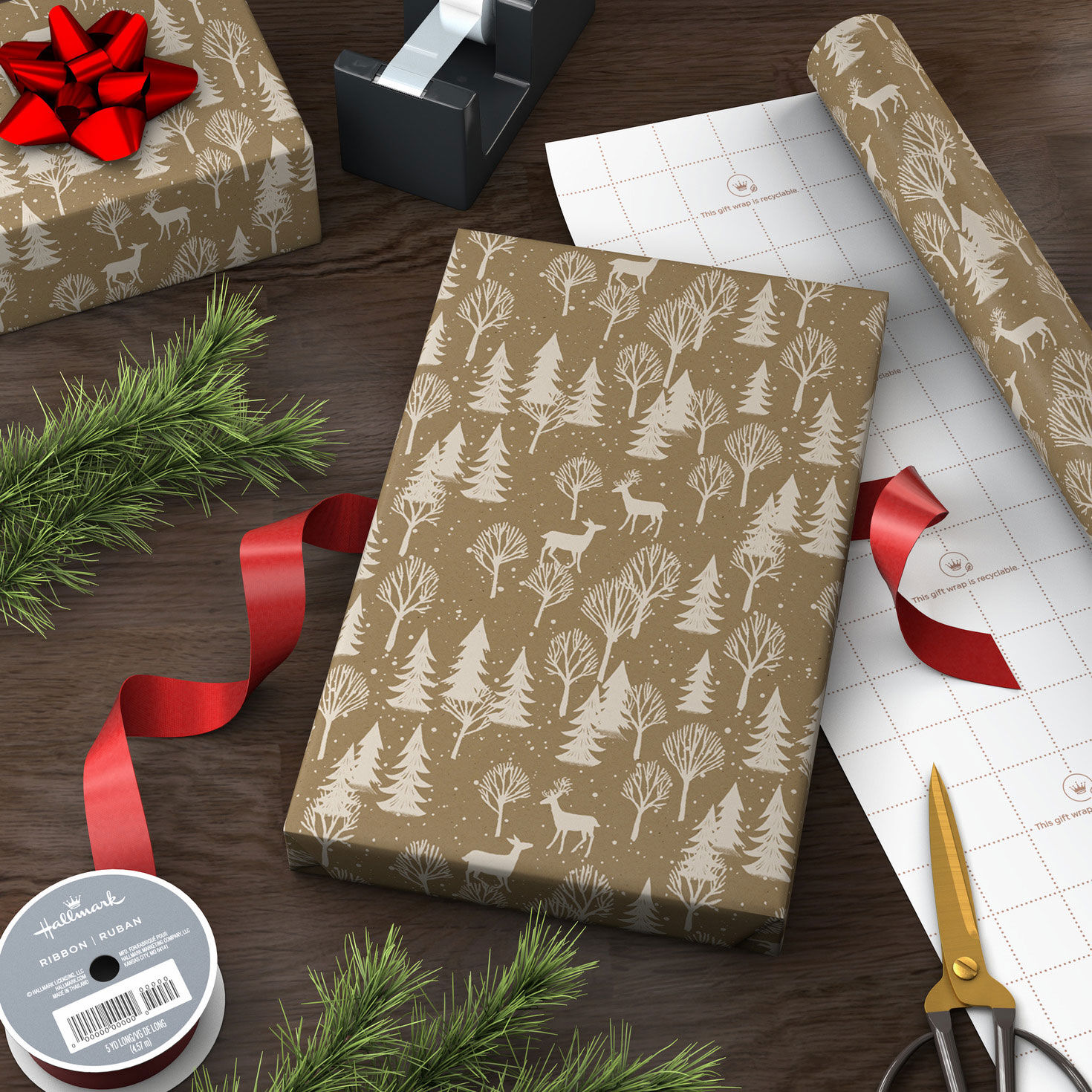 Deer in Trees on Tan Jumbo Christmas Gift Wrap in use image number 3