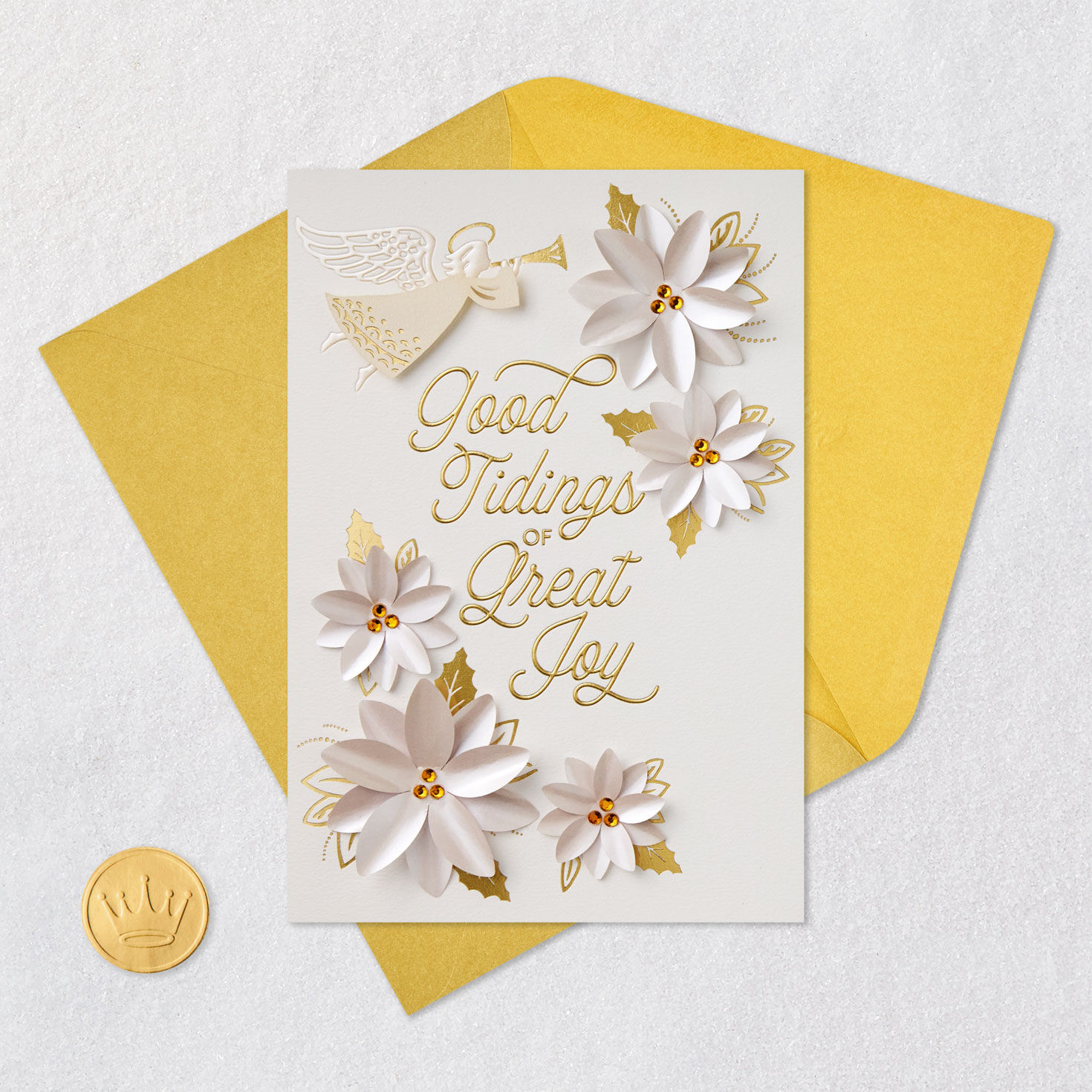 Poinsettias and Angel Religious Christmas Card Card Front with Envelope and Gold Seal image number 6