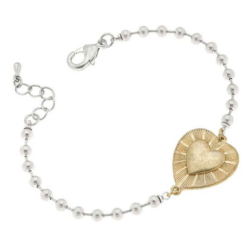 Worn Silver/Worn Gold Ball Chain Heart Bracelet, 