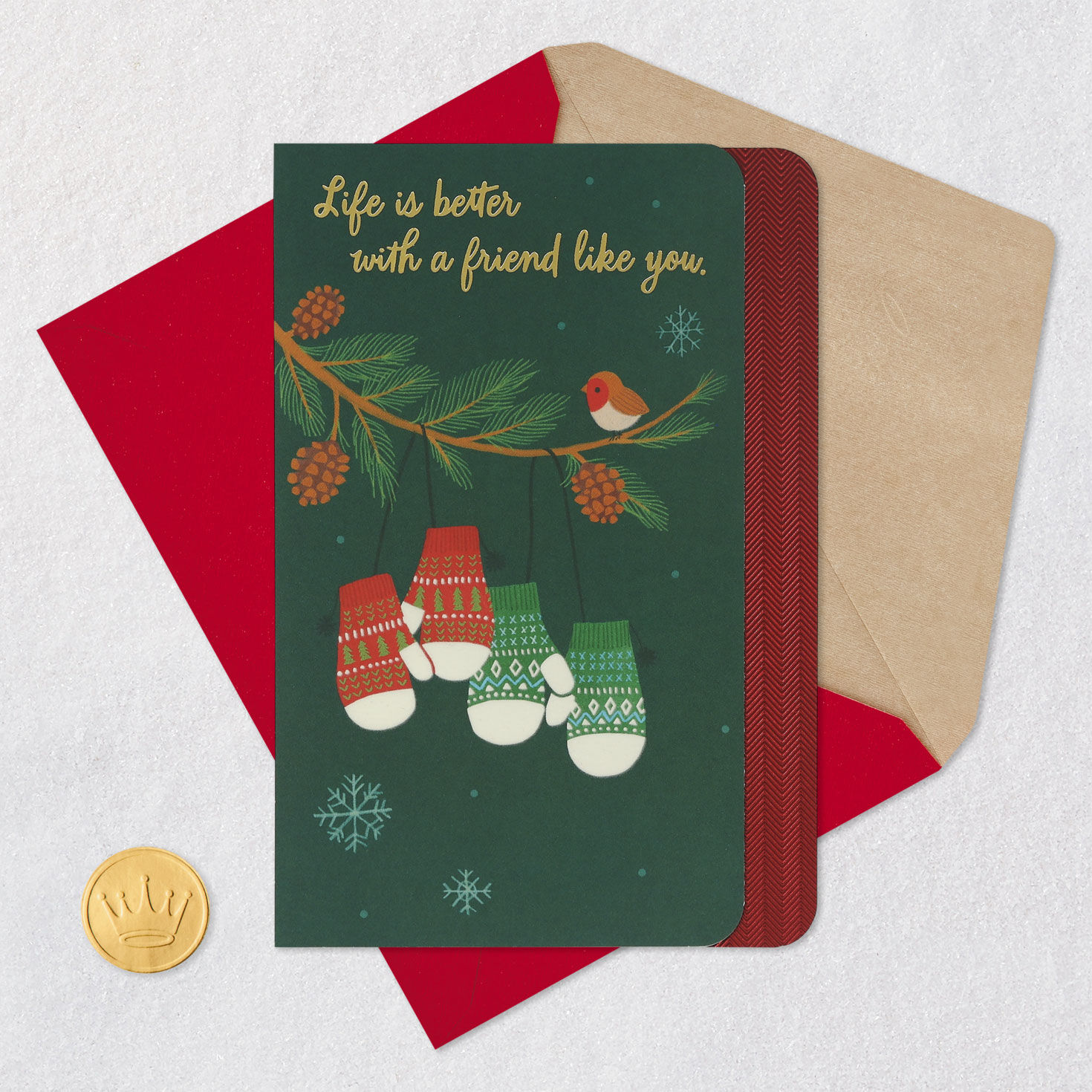 Bird and Mittens on Tree Friend Christmas Card Card Front with Envelope and Gold Seal image number 6