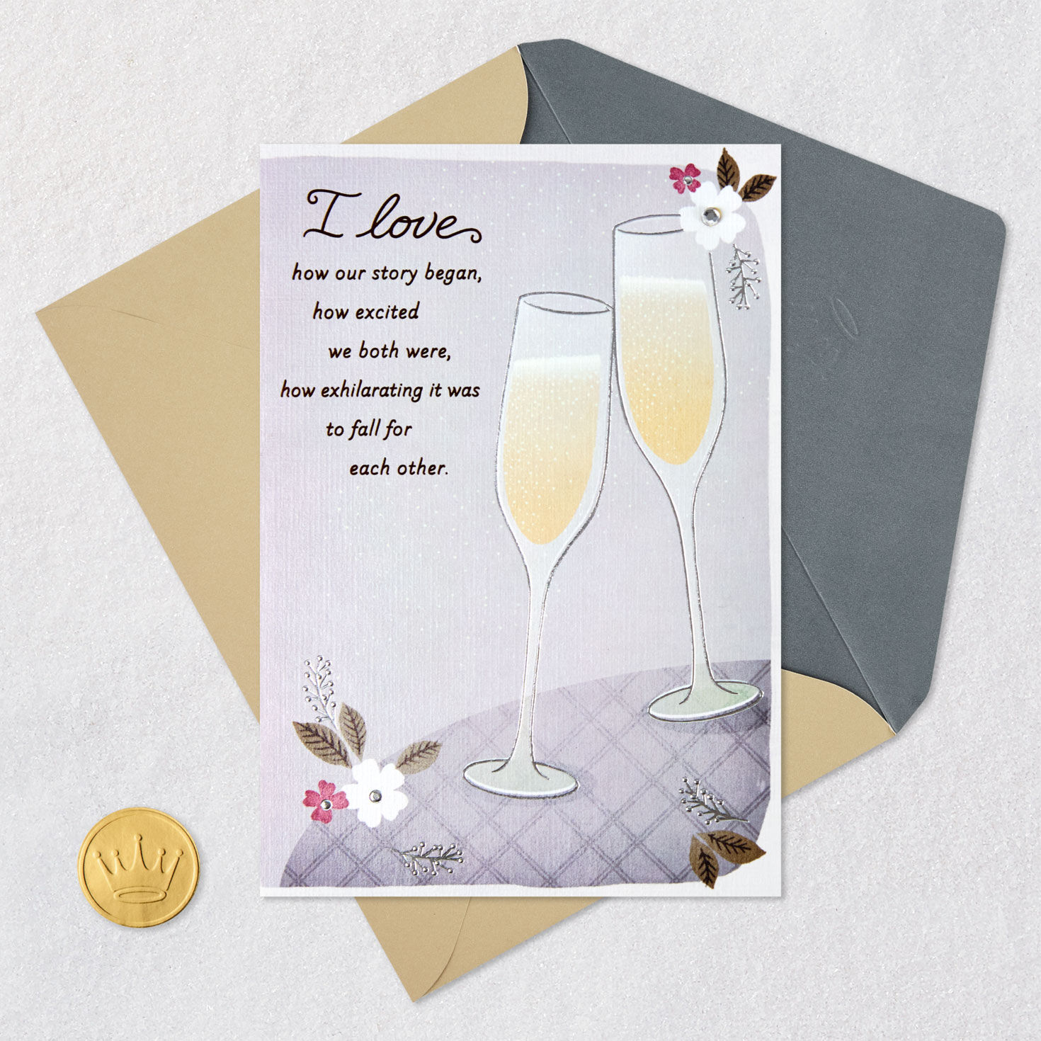 Champagne Flutes and Flowers Anniversary Card for Spouse Card Front with Envelope and Gold Seal image number 6