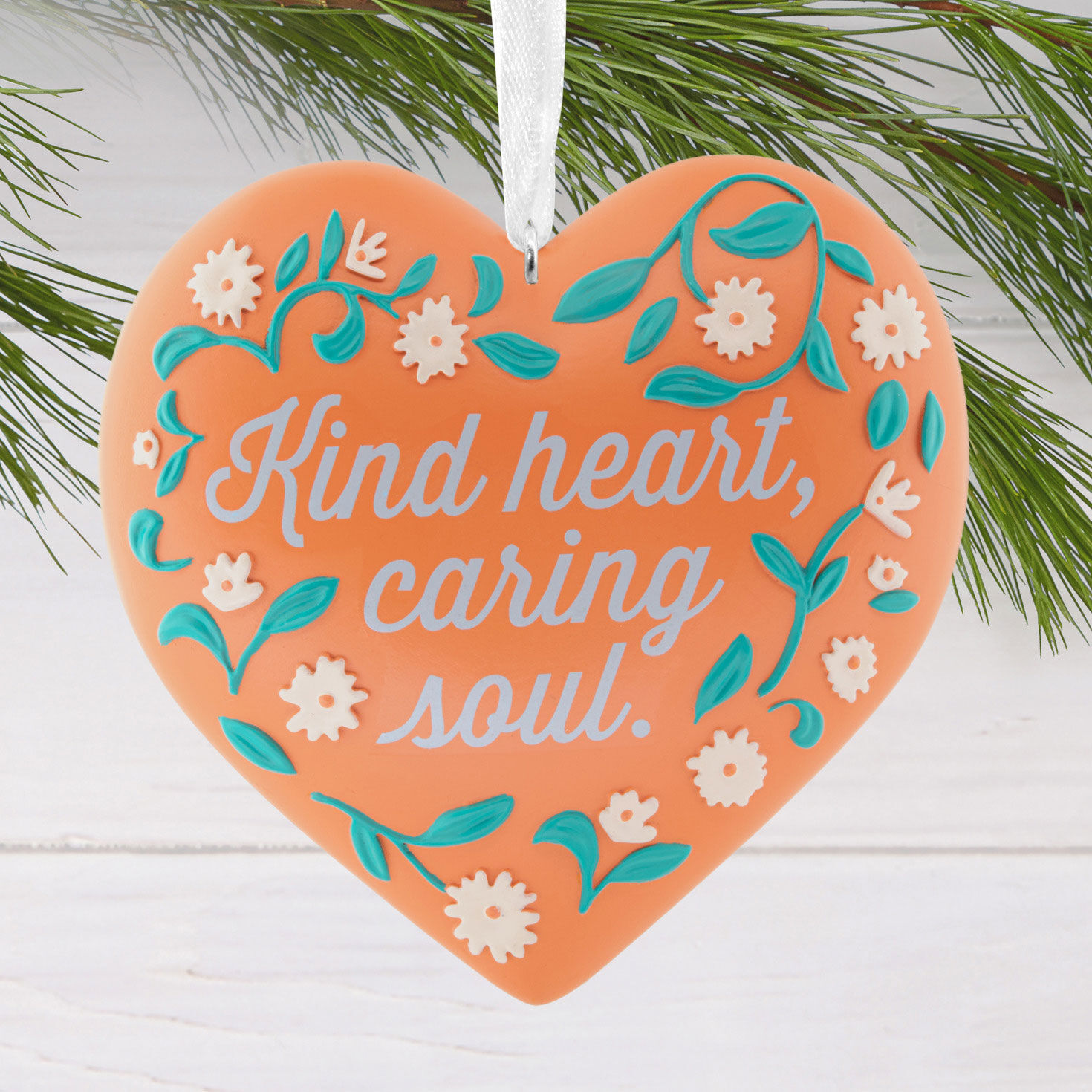 Peach Heart With Flowers Christmas Ornament hanging on tree image number 2