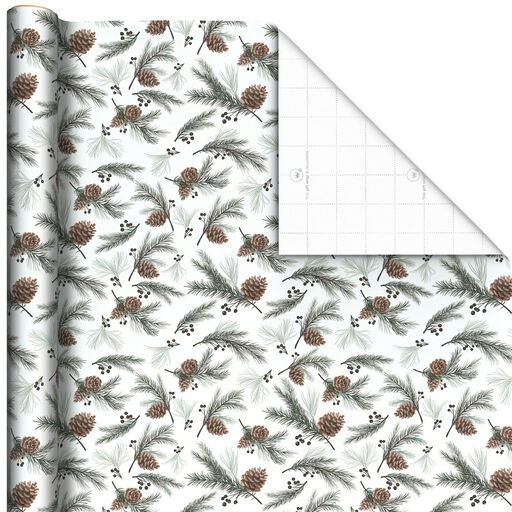 Pinecones on White Christmas Wrapping Paper, 35 sq. ft., 
