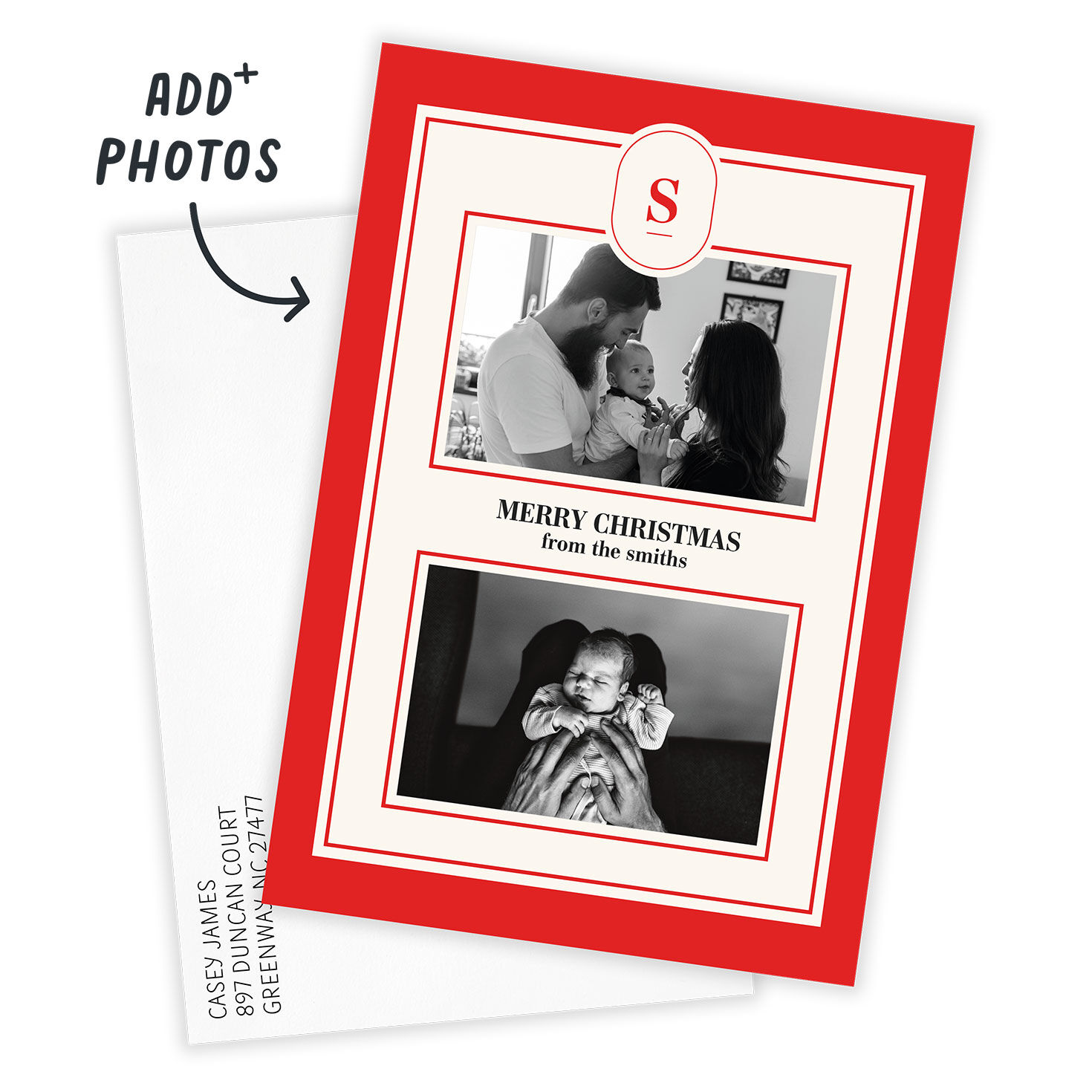 Red White Monogram Personalized Christmas Photo Card Card with Envelope indicating personalization image number 2