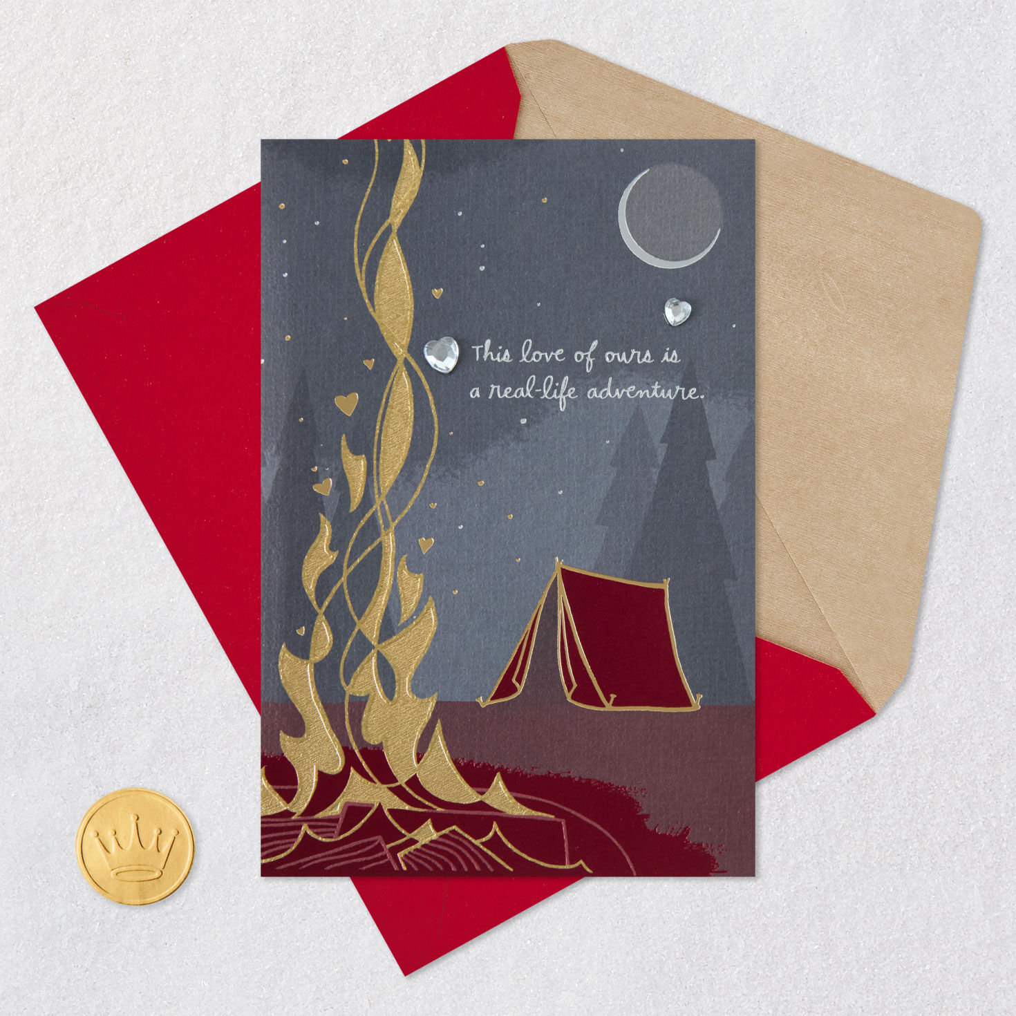 Campfire and Tent Valentine's Day Card Card Front with Envelope and Gold Seal image number 7