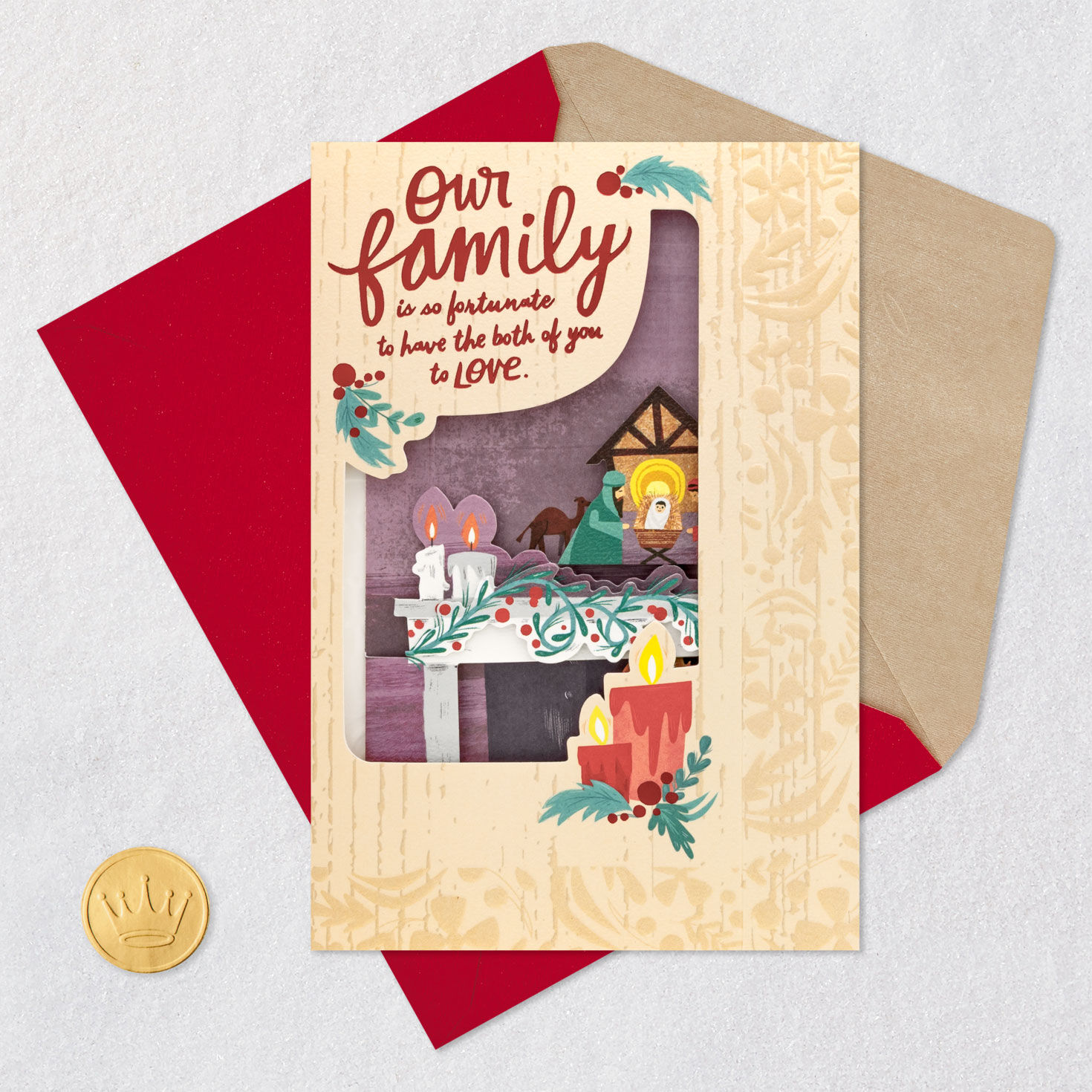 Nativity Candles Christmas Card for Couple Card Front with Envelope and Gold Seal image number 7