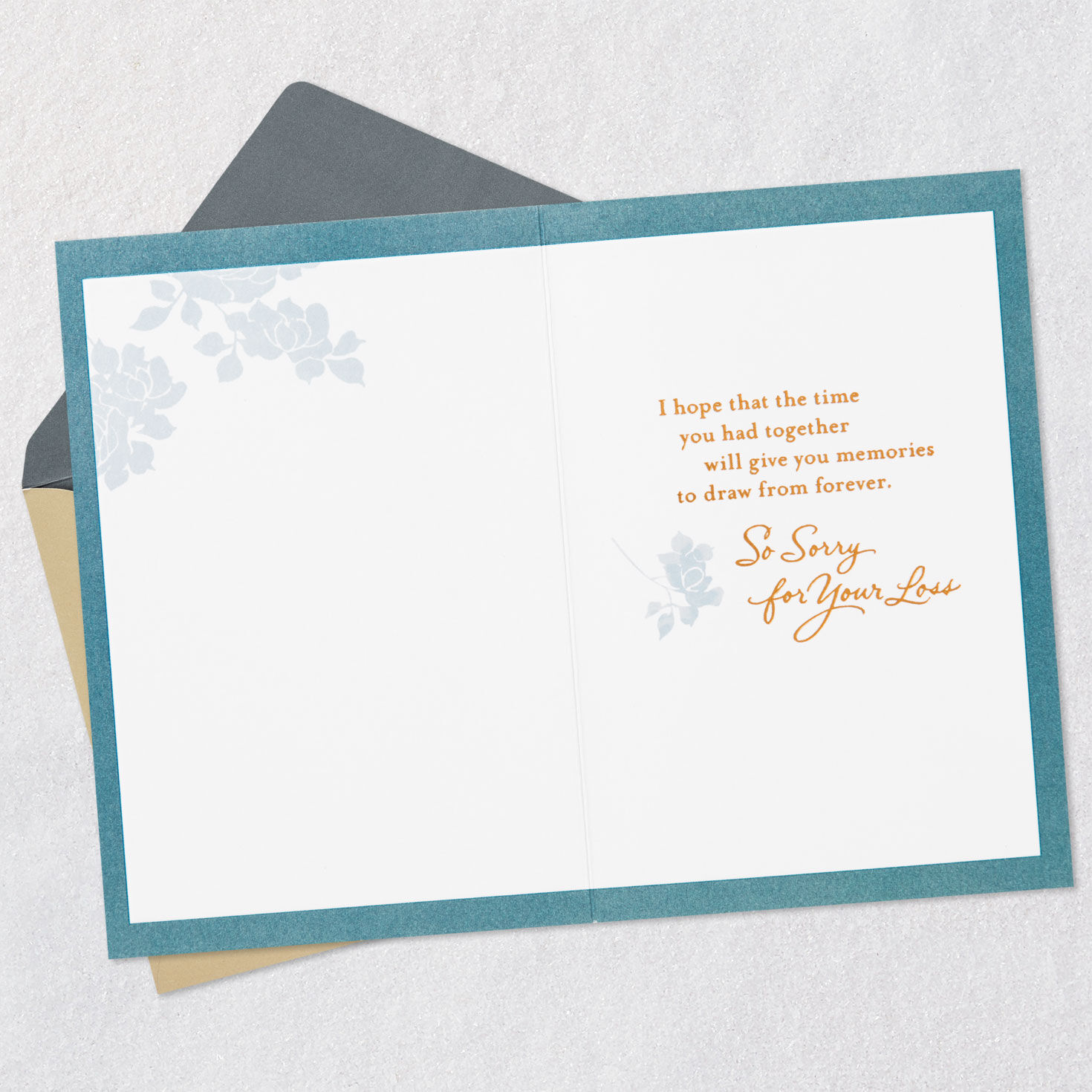Bronze with Blue Flowers Spouse Sympathy Card Open card with envelope image number 3