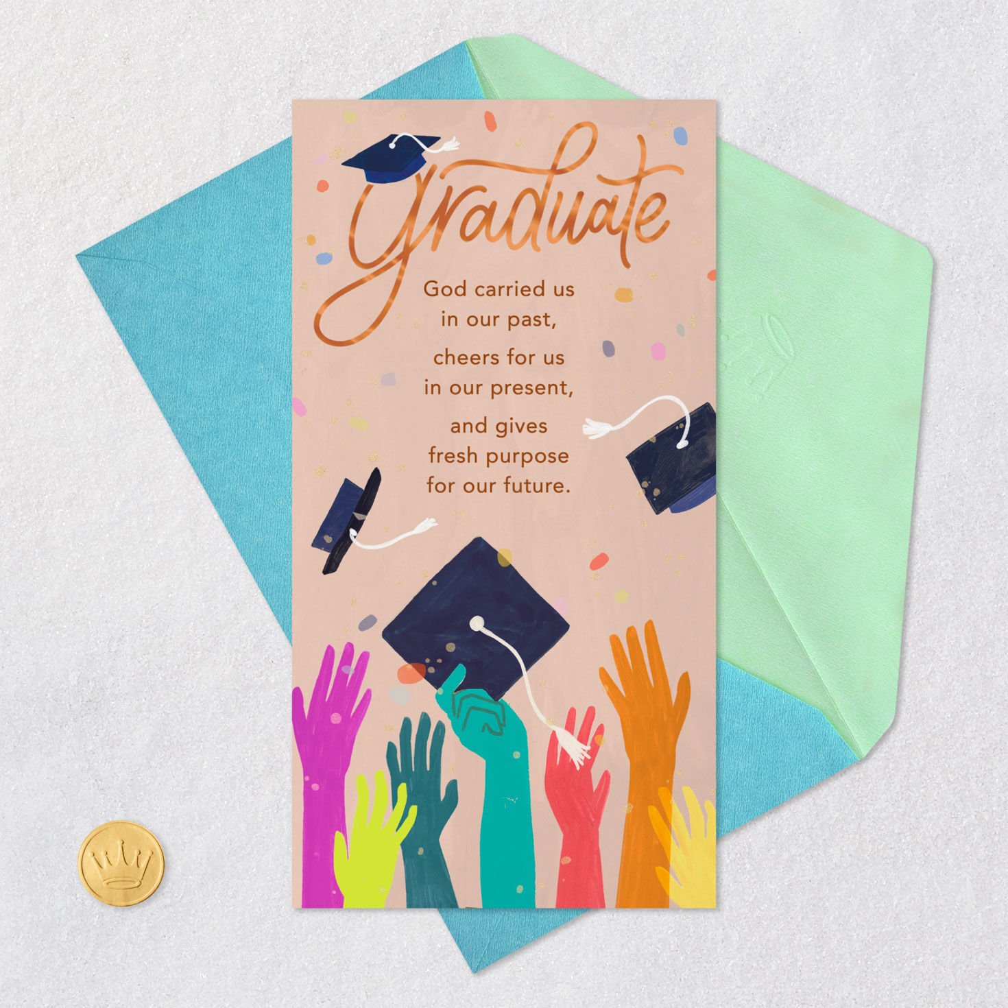 Hands Tossing Caps Money Holder Graduation Card Card Front with Envelope and Gold Seal image number 7