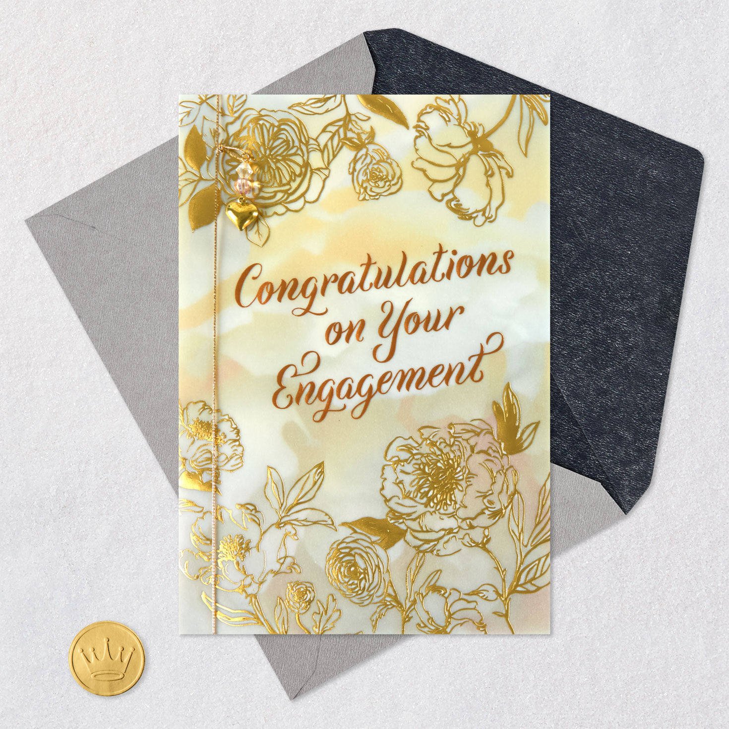 Gold Flowers With Heart Charm Engagement Card Card Front with Envelope and Gold Seal image number 6