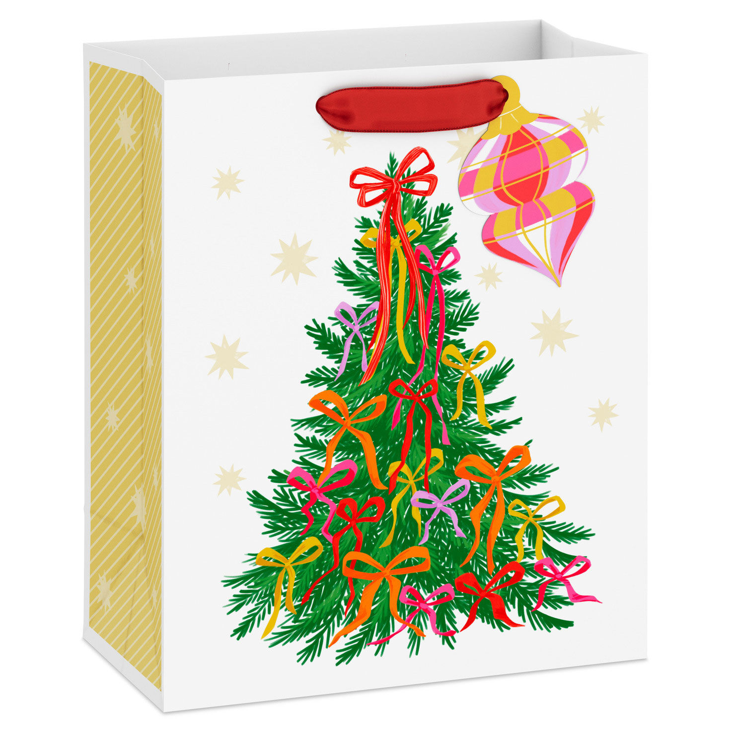 9.6" Pink and Orange Bow Tree on White Medium Christmas Gift Bag With Gift Tag