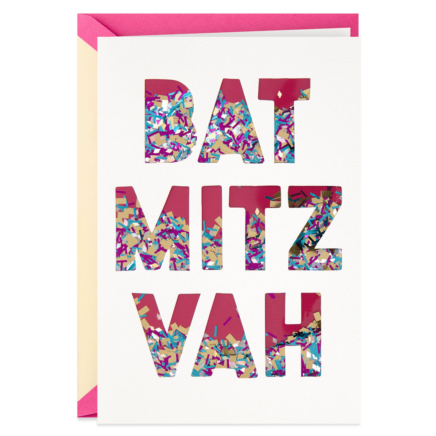 Pink and Gold Confetti Bat Mitzvah Card