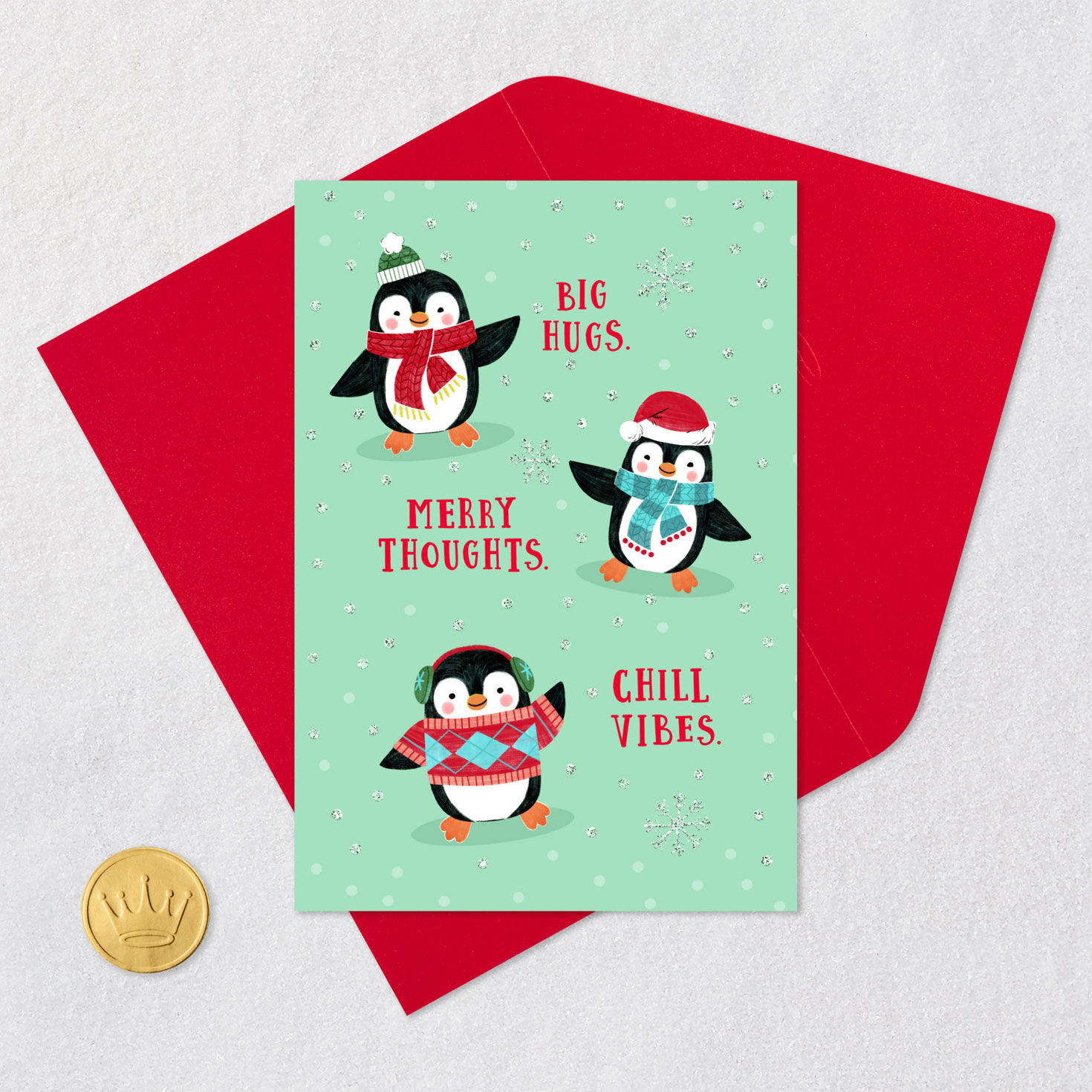 Penguins in Winter Attire Christmas Card Card Front with Envelope and Gold Seal image number 5