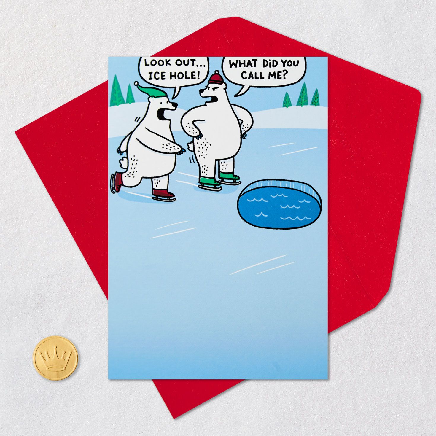 Ice-Skating Polar Bears Funny Christmas Card Card Front with Envelope and Gold Seal image number 5