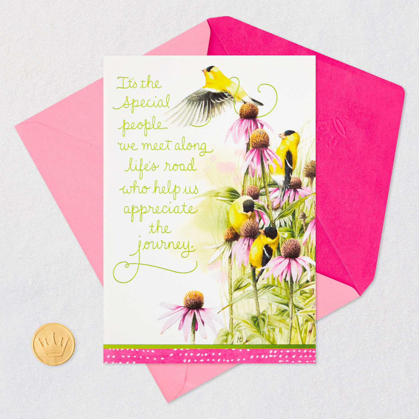 Bastin Flowers and Yellow Birds on White Birthday Card Card Front with Envelope and Gold Seal image number 5
