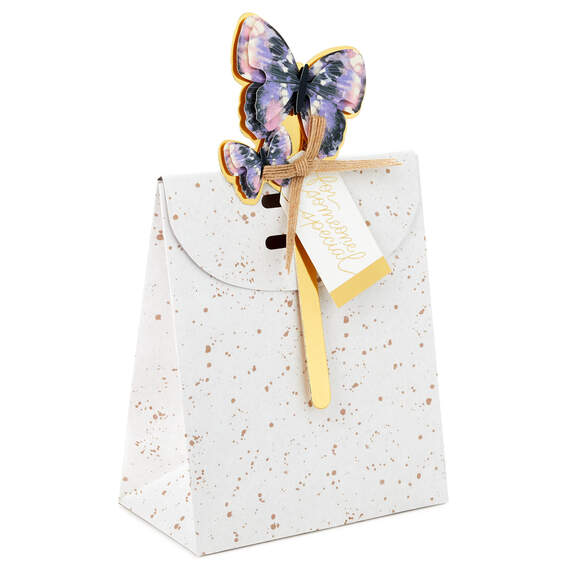 6.5" Speckled Small Fold-Top Gift Bag With Butterfly Pick