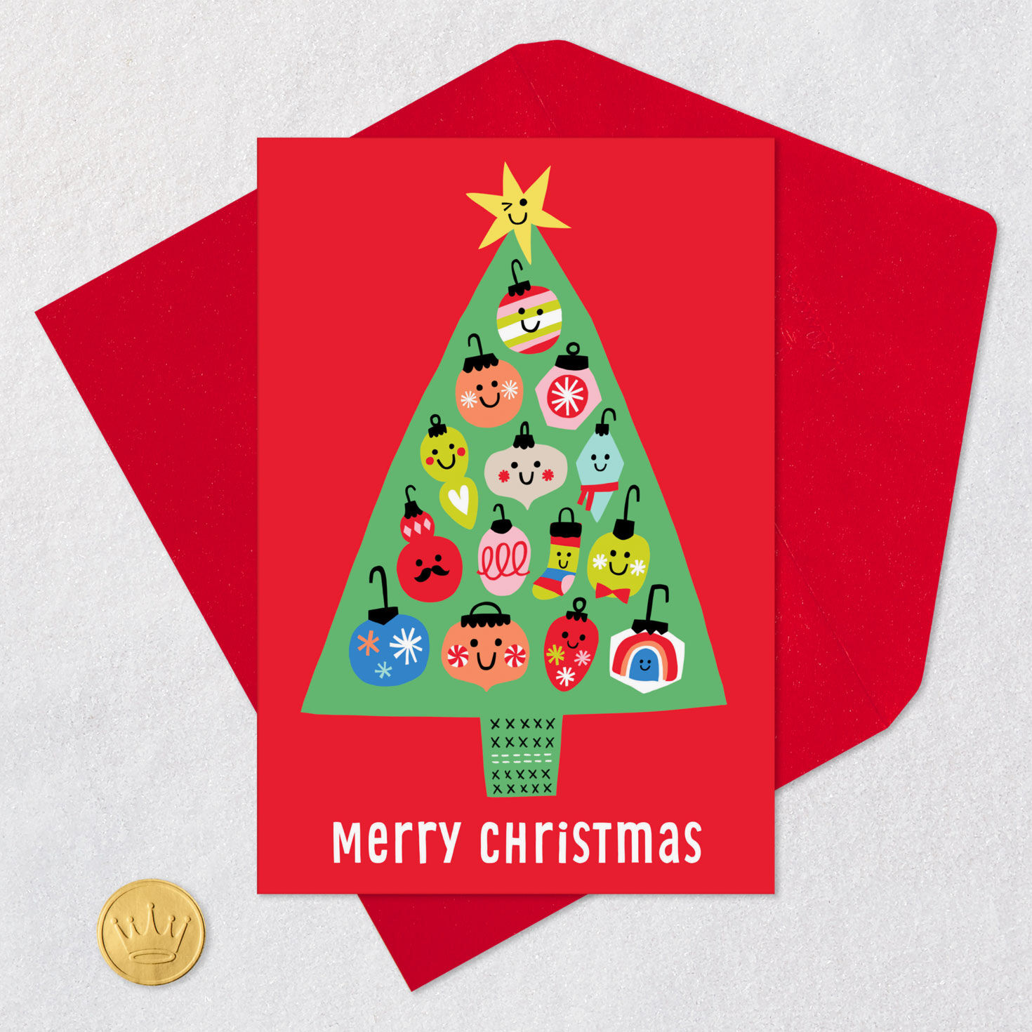Cute Ornament Drawings on Tree Kids Christmas Card Card Front with Envelope and Gold Seal image number 5