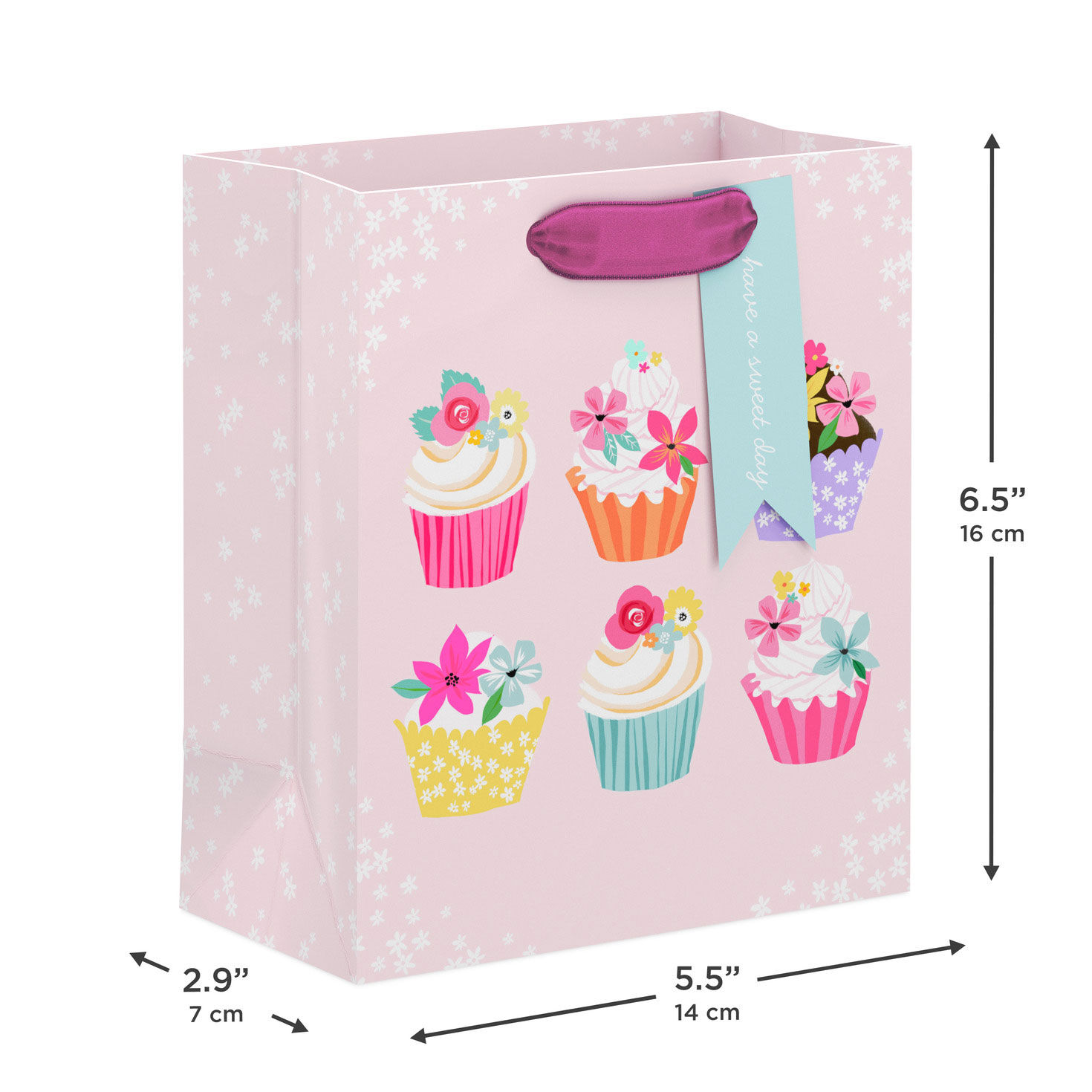 Floral Cupcakes on Light Pink Small Gift Bag measurement image number 3