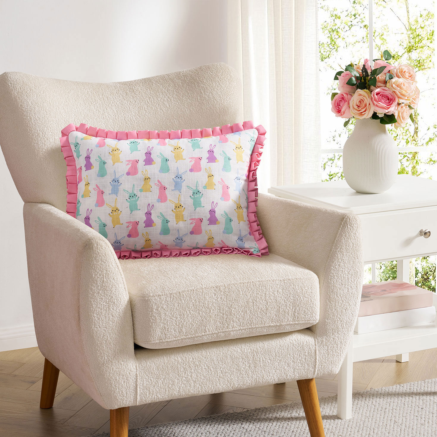 Pastel Bunnies Reversible Lumbar Pillow in use image number 6