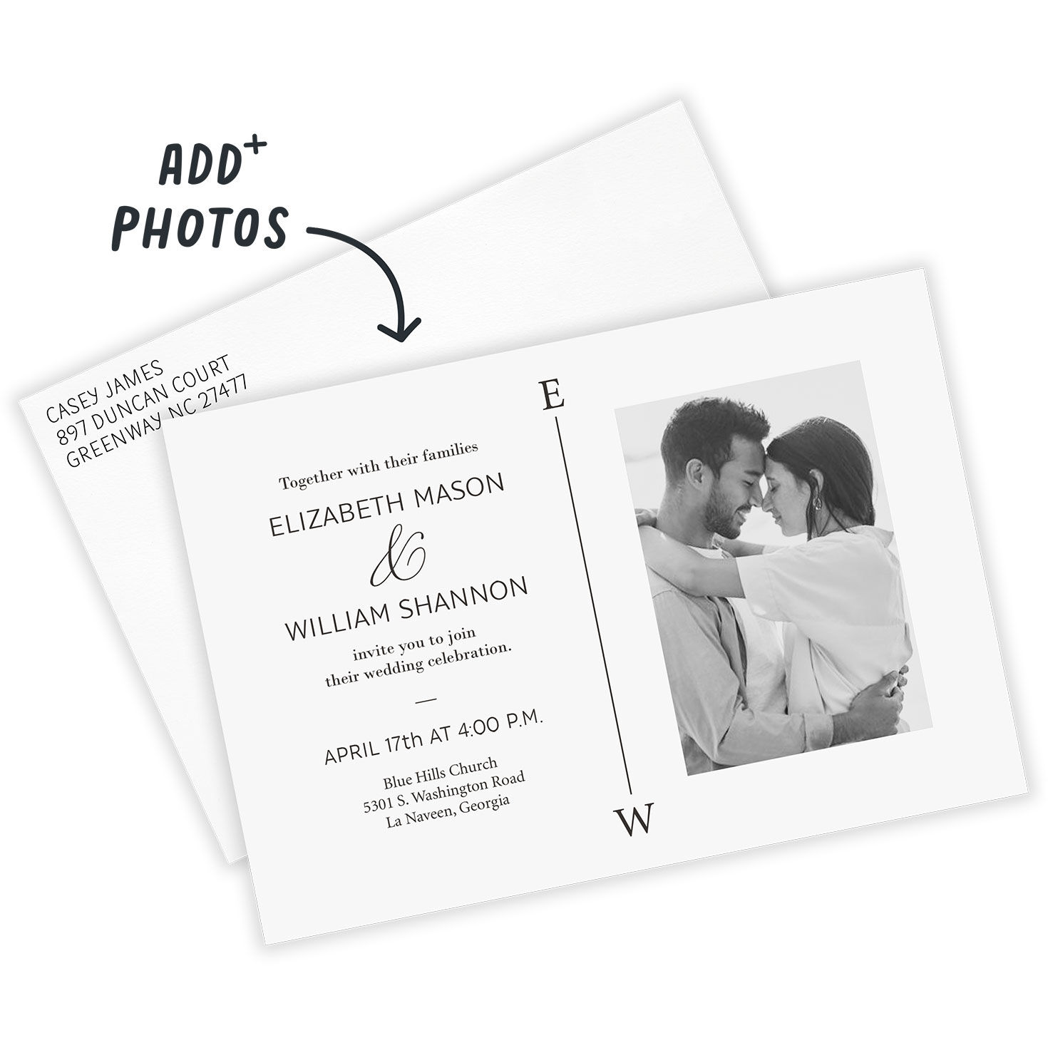 Black White Monograms Personalized Wedding Invitation Card front with Envelope indicating personalization image number 2