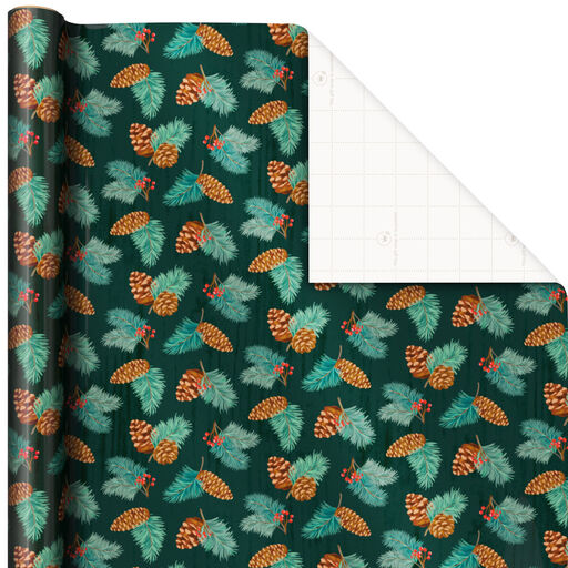 Pinecones & Berries on Green Christmas Wrapping Paper, 40 sq. ft., 