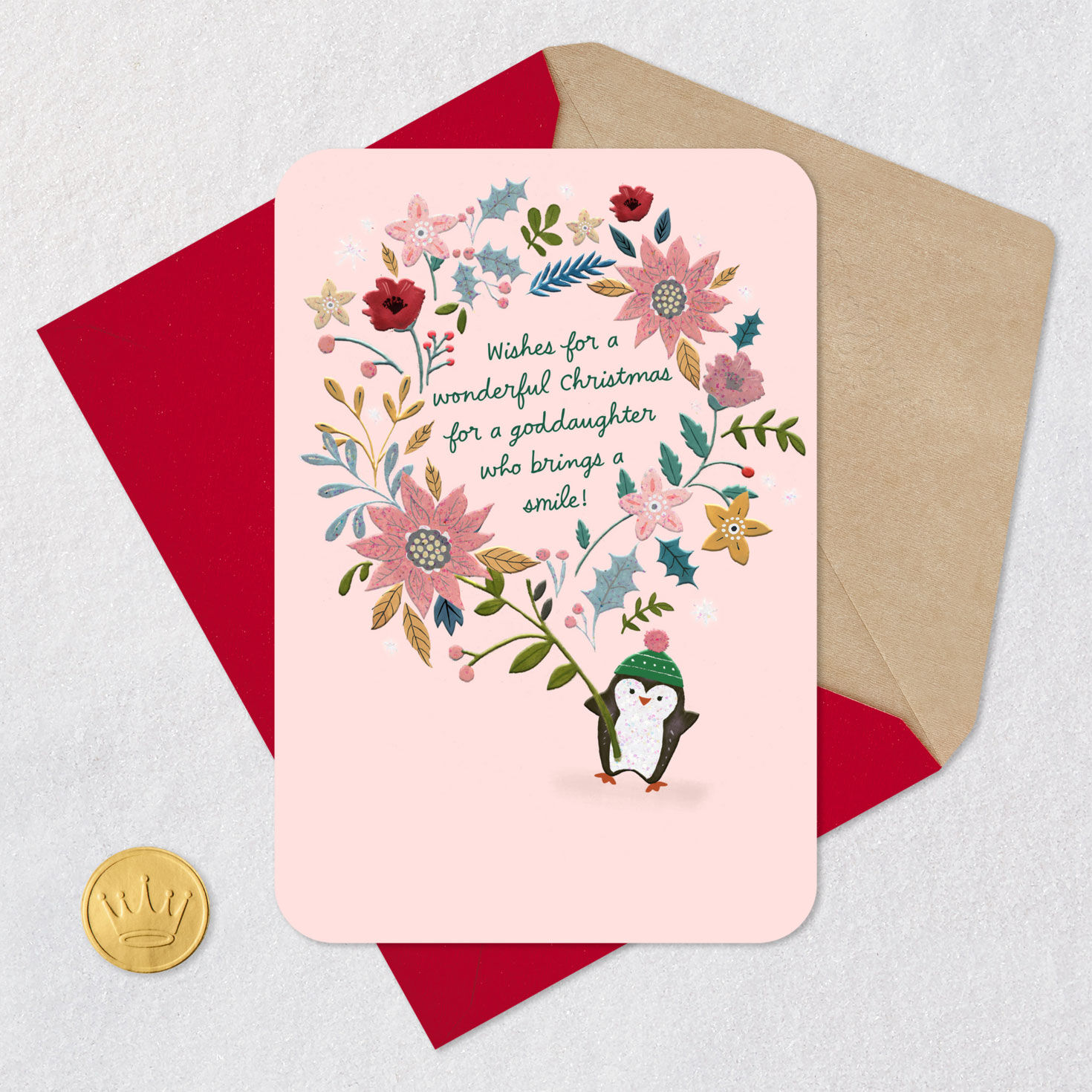 Pink Wreath Goddaughter Religious Christmas Card Card Front with Envelope and Gold Seal image number 6