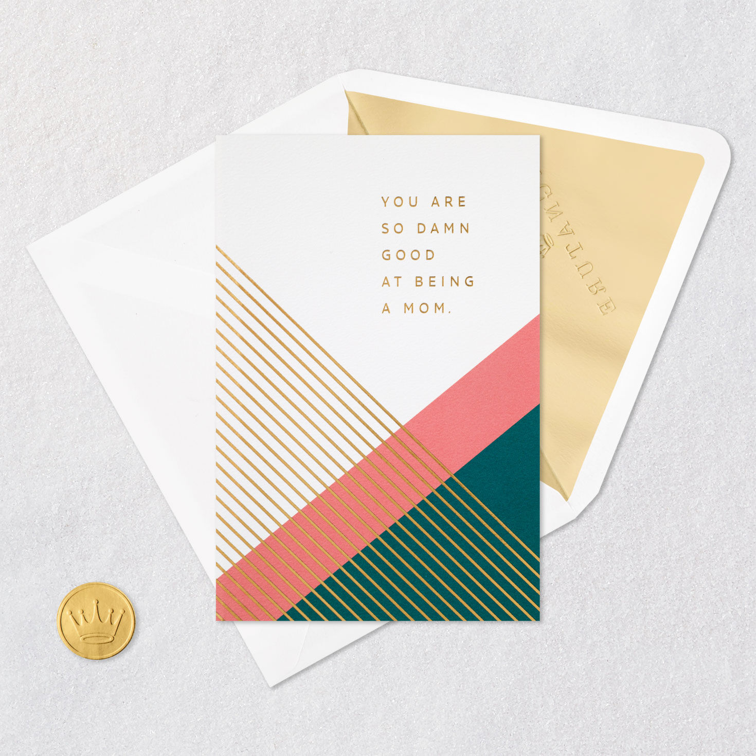 Pink, Green and Gold Stripes Damn Good Mom Card Card Front with Envelope and Gold Seal image number 5