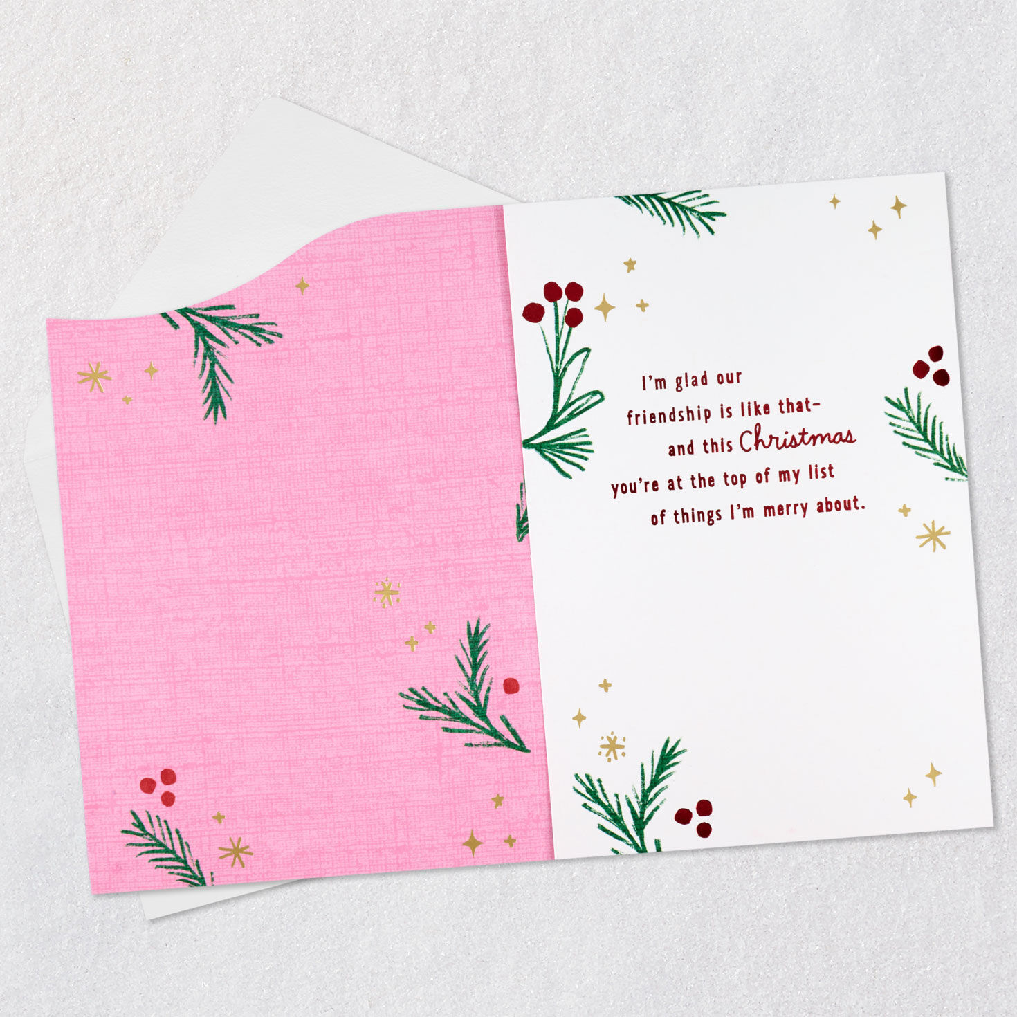 Pine Branches on Pink Friend Christmas Card Open card with envelope image number 3