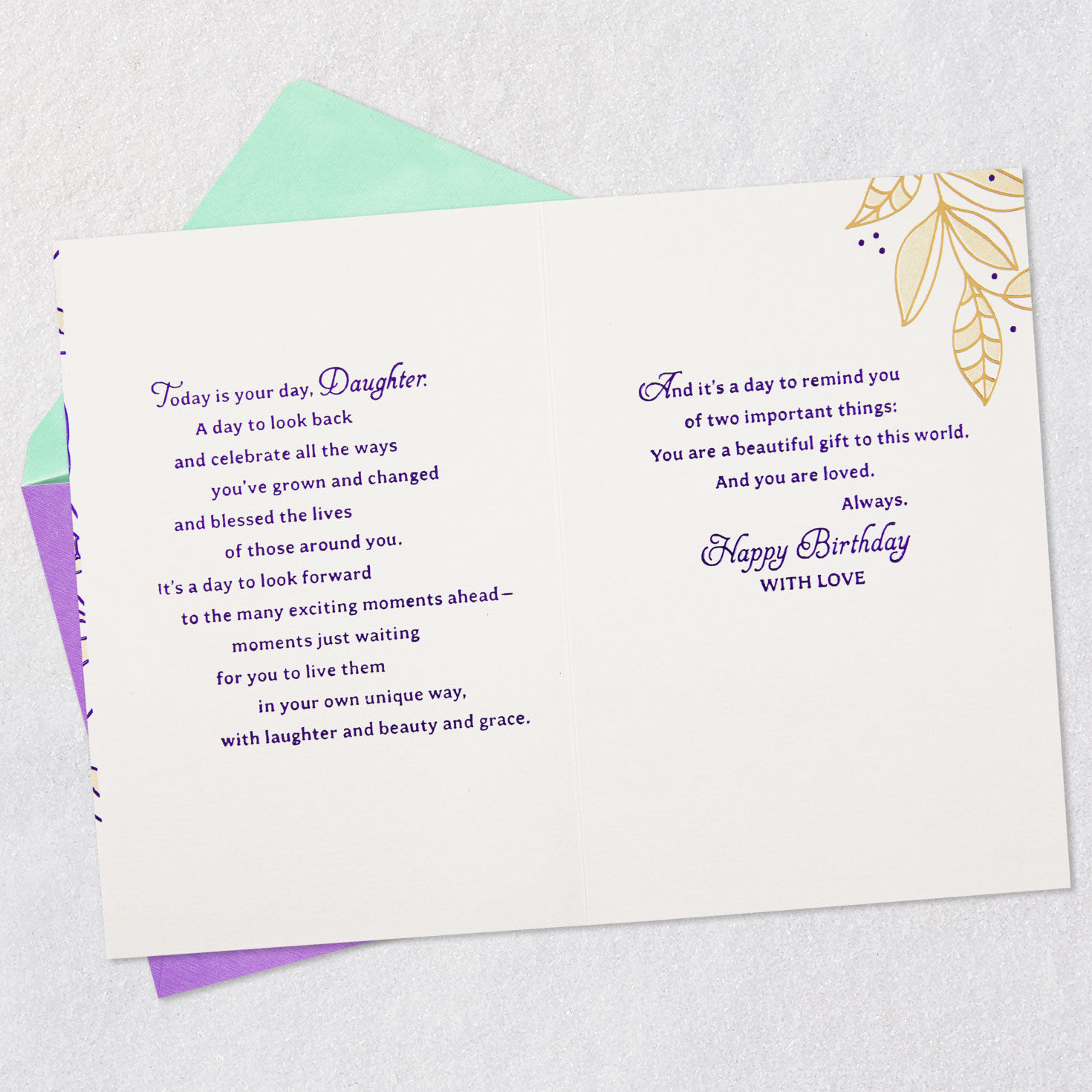 Purple Leaves Birthday Card for Daughter Open card with envelope image number 4