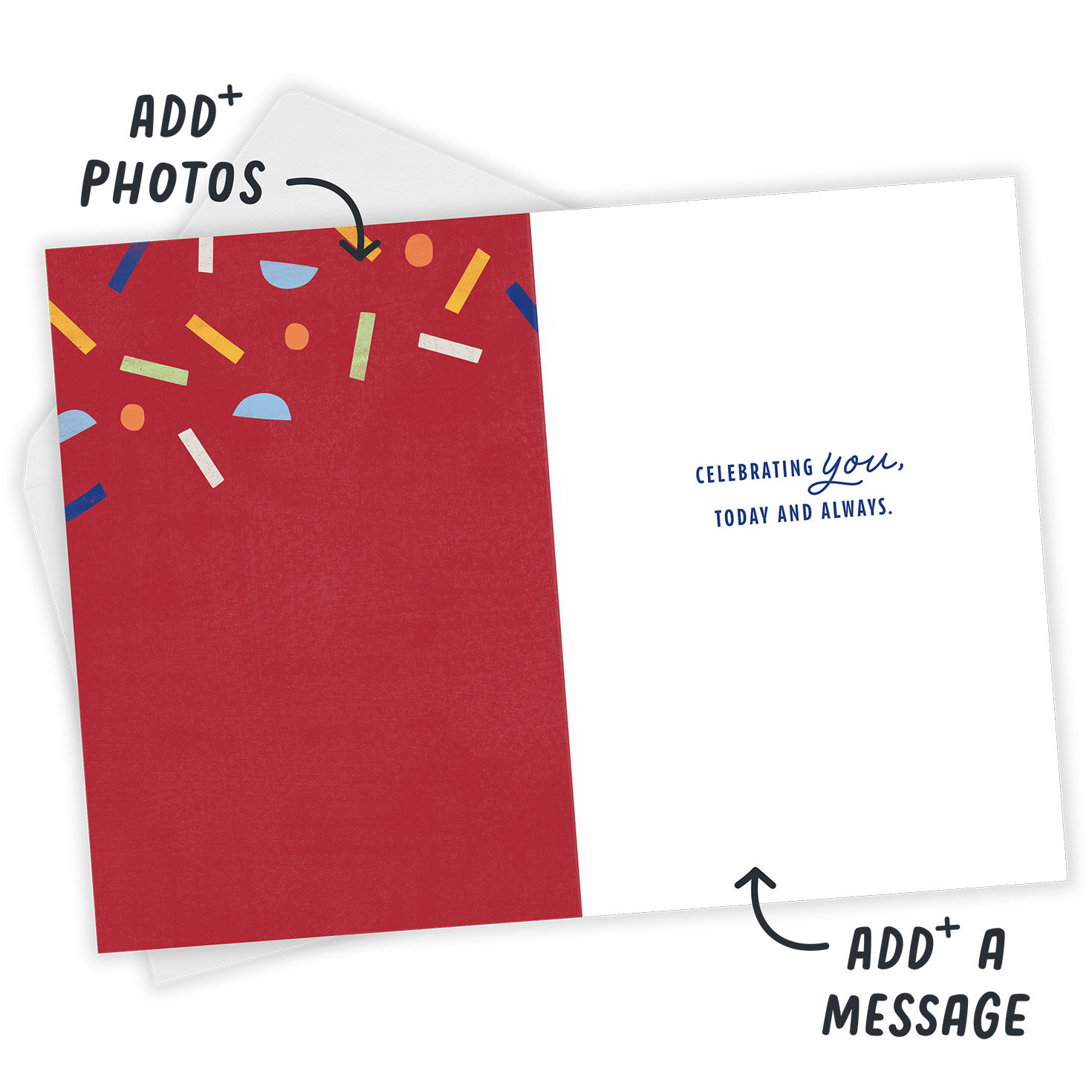 Red With Confetti Personalized Birthday Card Open Card with Envelope indicating personalization image number 3