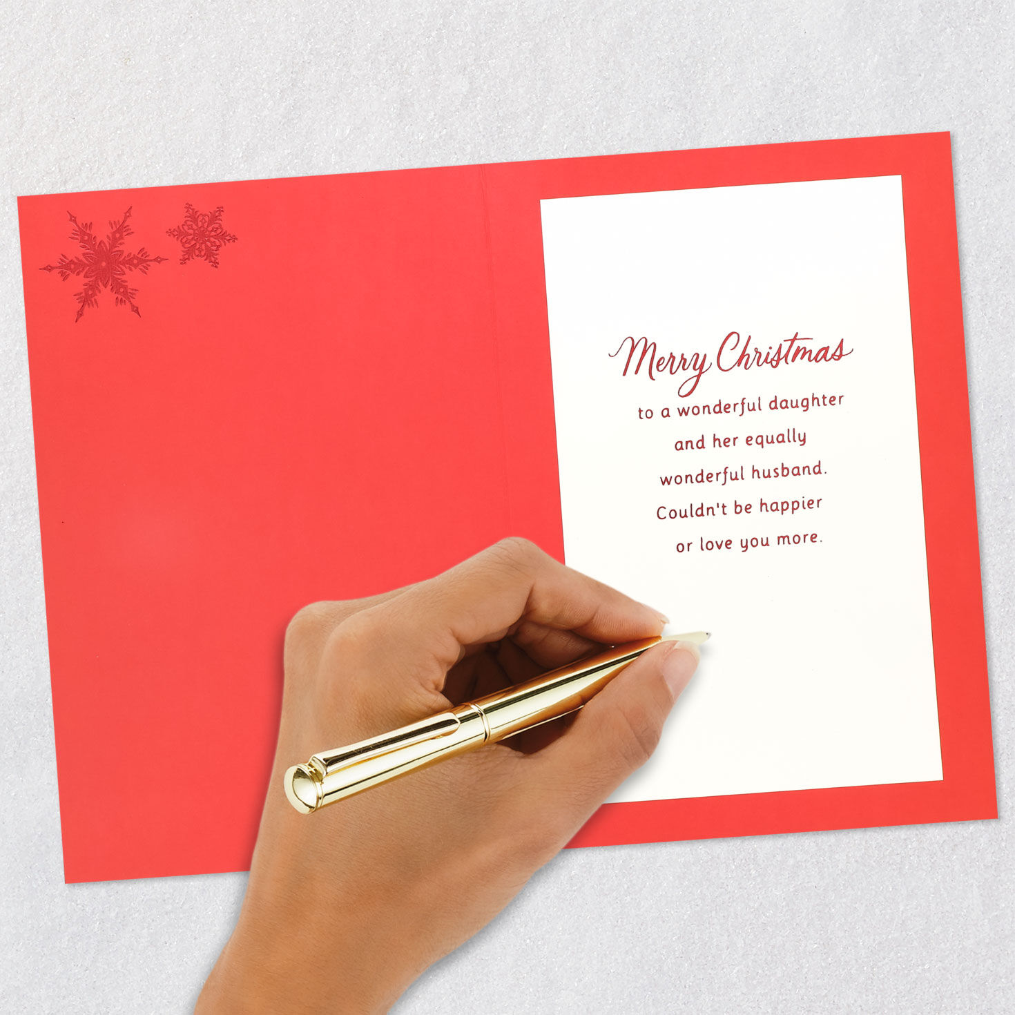 Snowflake on Red Christmas Card for Daughter and Son-in-Law Signing card image number 6