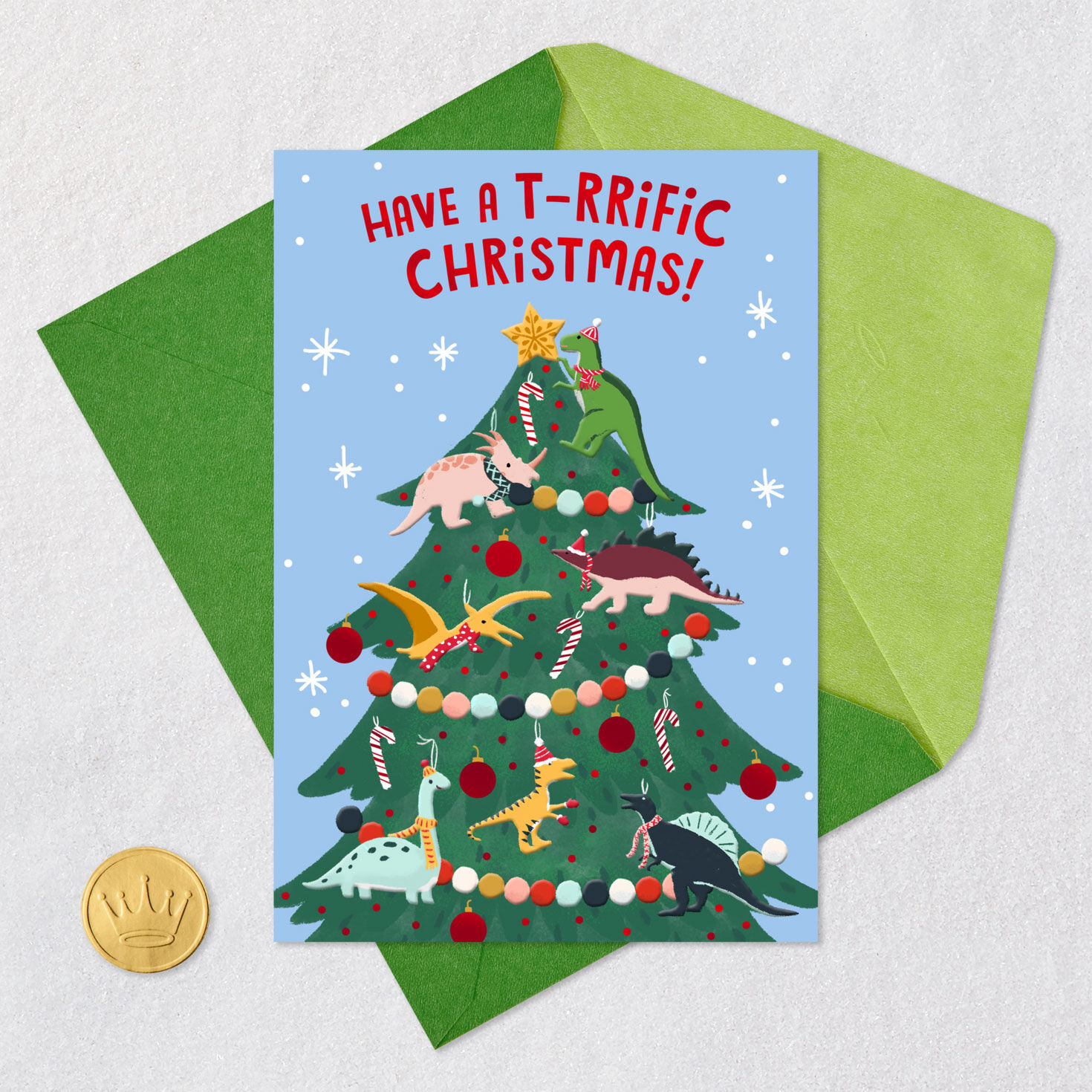 Dinosaur Christmas Tree Christmas Card Card Front with Envelope and Gold Seal image number 5