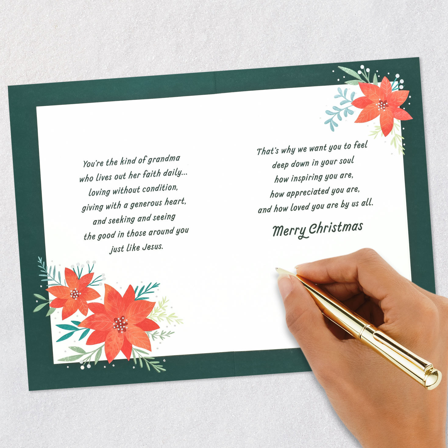 Pink Poinsettias on Emerald Green Christmas Card for Grandma Signing card image number 7
