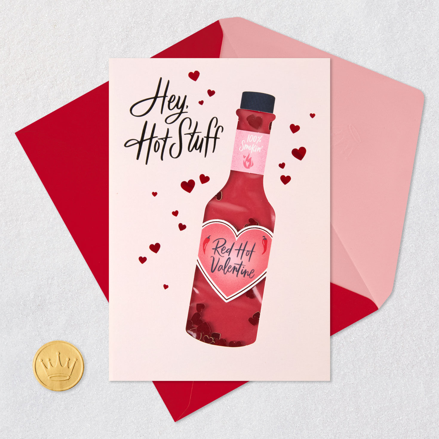 Hot Sauce Bottle Smoking Hot Valentine's Day Card Card Front with Envelope and Gold Seal image number 6