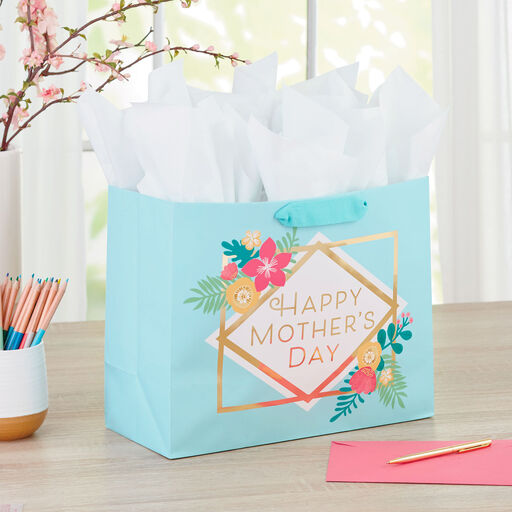 10.4" Floral on Blue Large Horizontal Mother's Day Gift Bag With Tissue, 