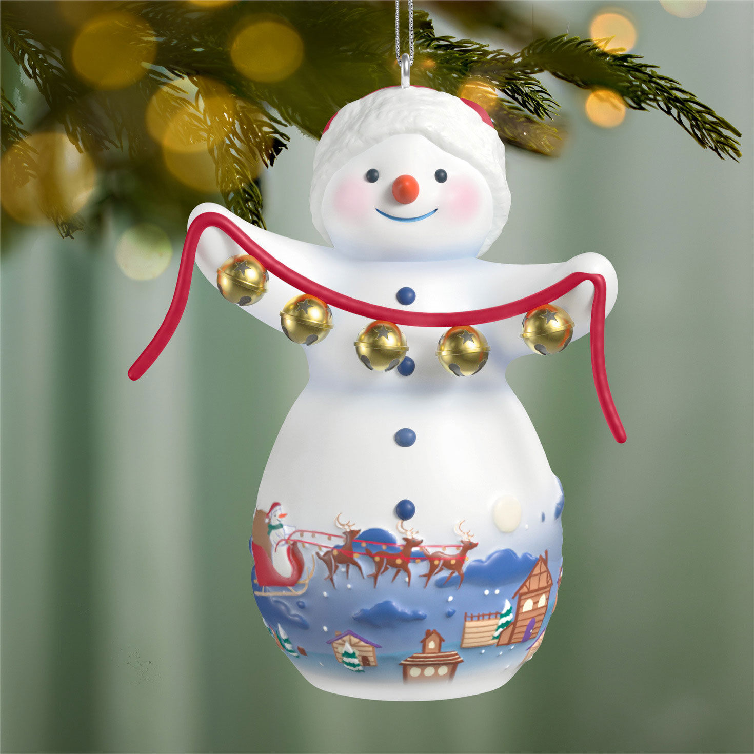 Snowwoman With String of Bells Keepsake Ornament hanging on tree image number 2