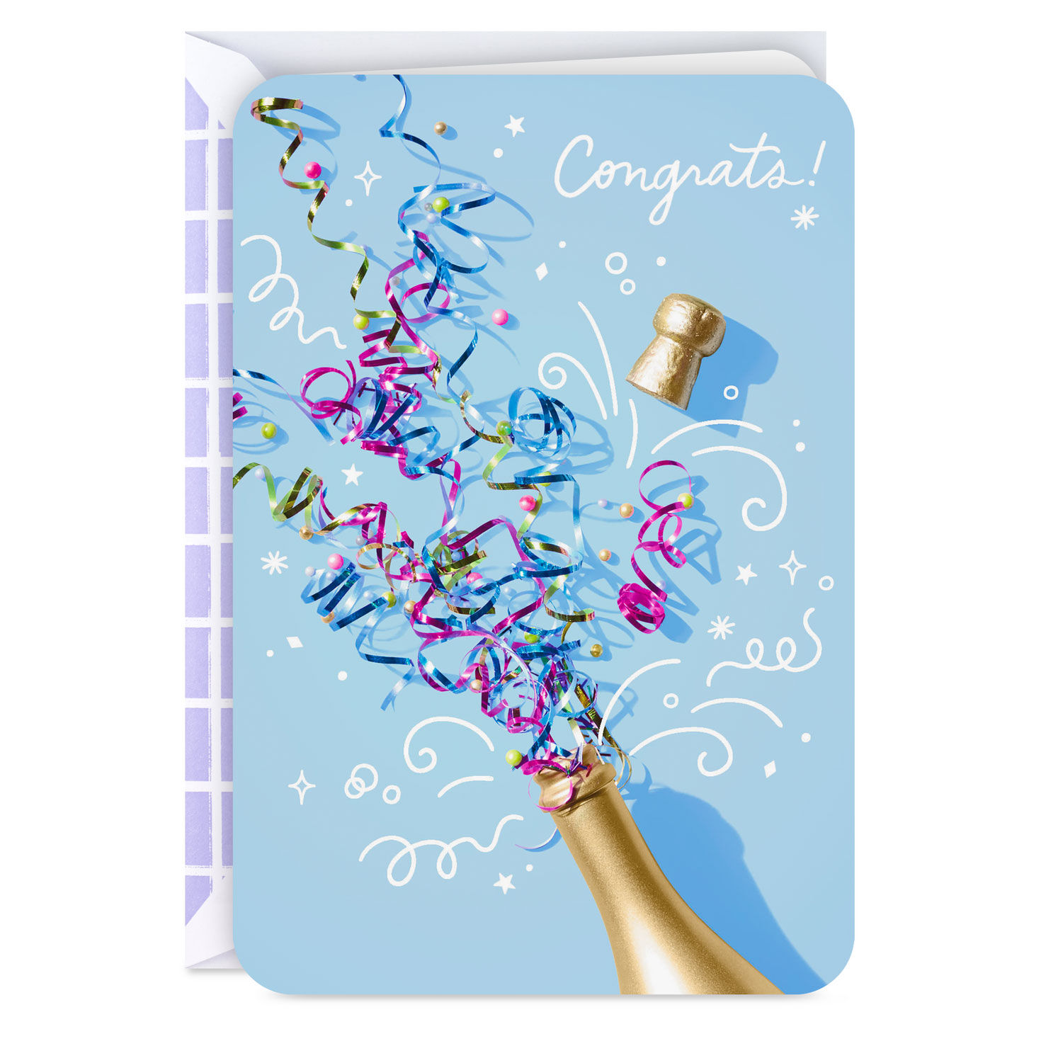 Champagne Bottle and Confetti Streamers Congratulations Card