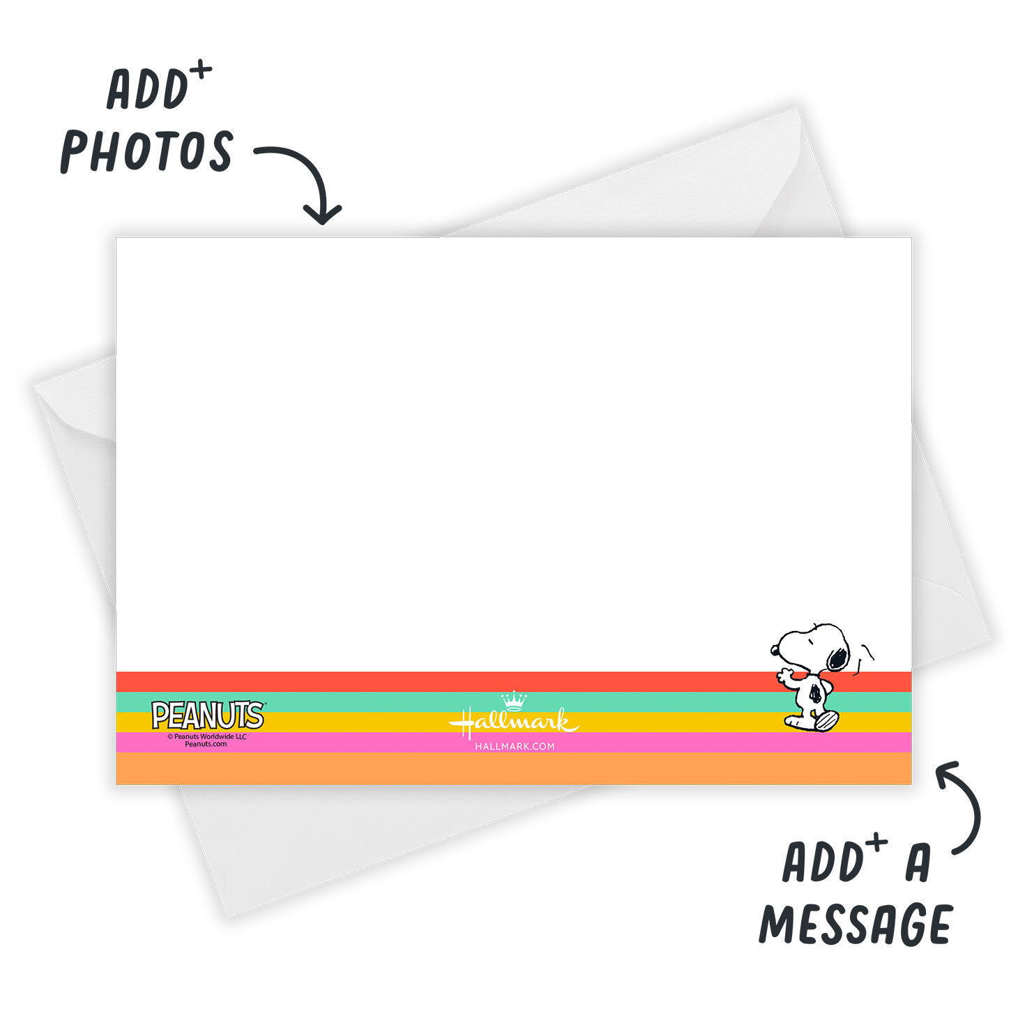 Snoopy Happy Dance Personalized Party Invitation Card back with Envelope indicating personalization image number 3