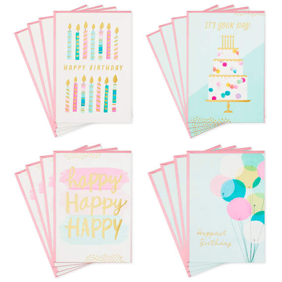 Assorted Pretty Pink and Aqua Boxed Birthday Cards, Pack of 16