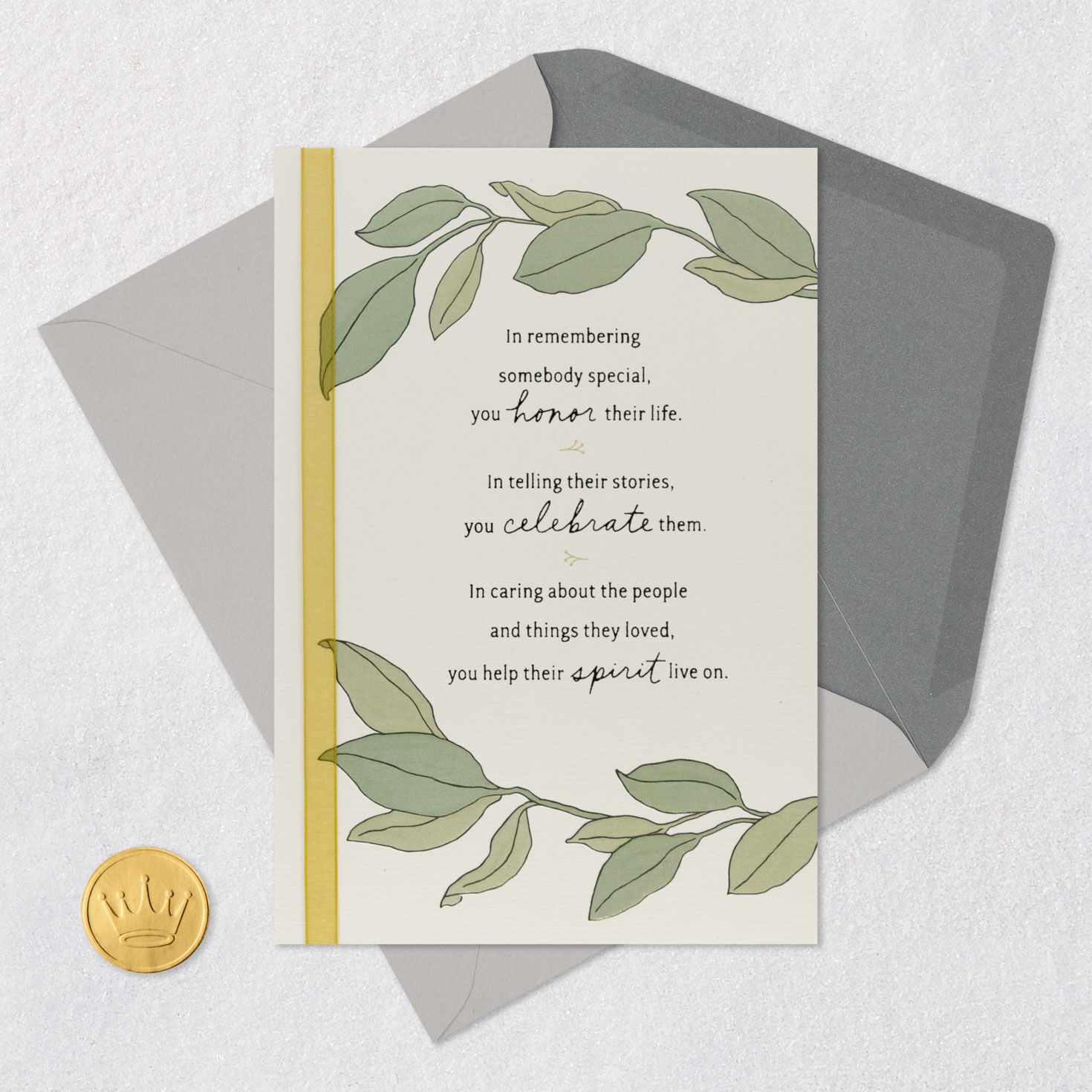 Green Leaves on Ivory with Ribbon Sympathy Card Card Front with Envelope and Gold Seal image number 5