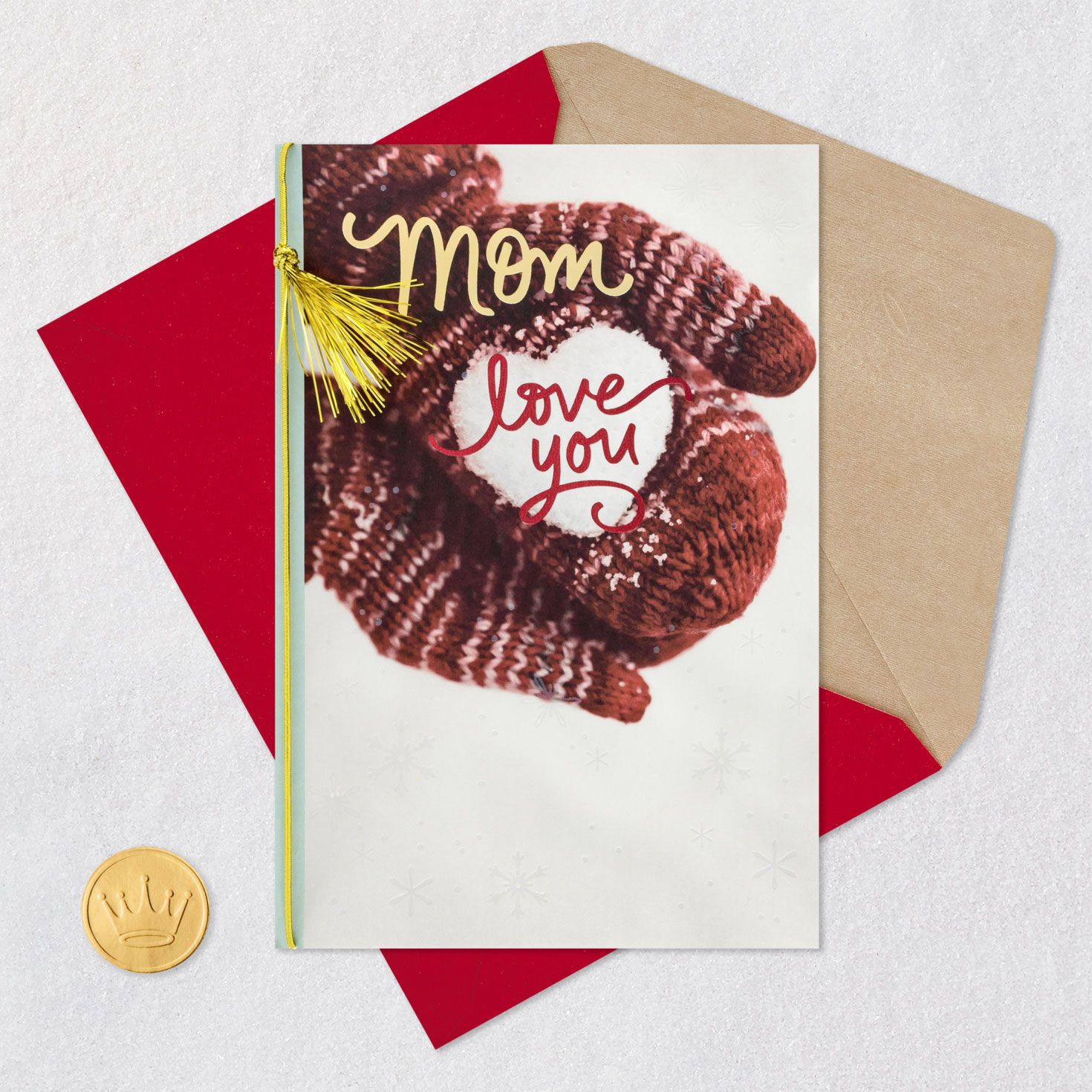 Red Mittens with Heart Snowball Christmas Card for Mom Card Front with Envelope and Gold Seal image number 6