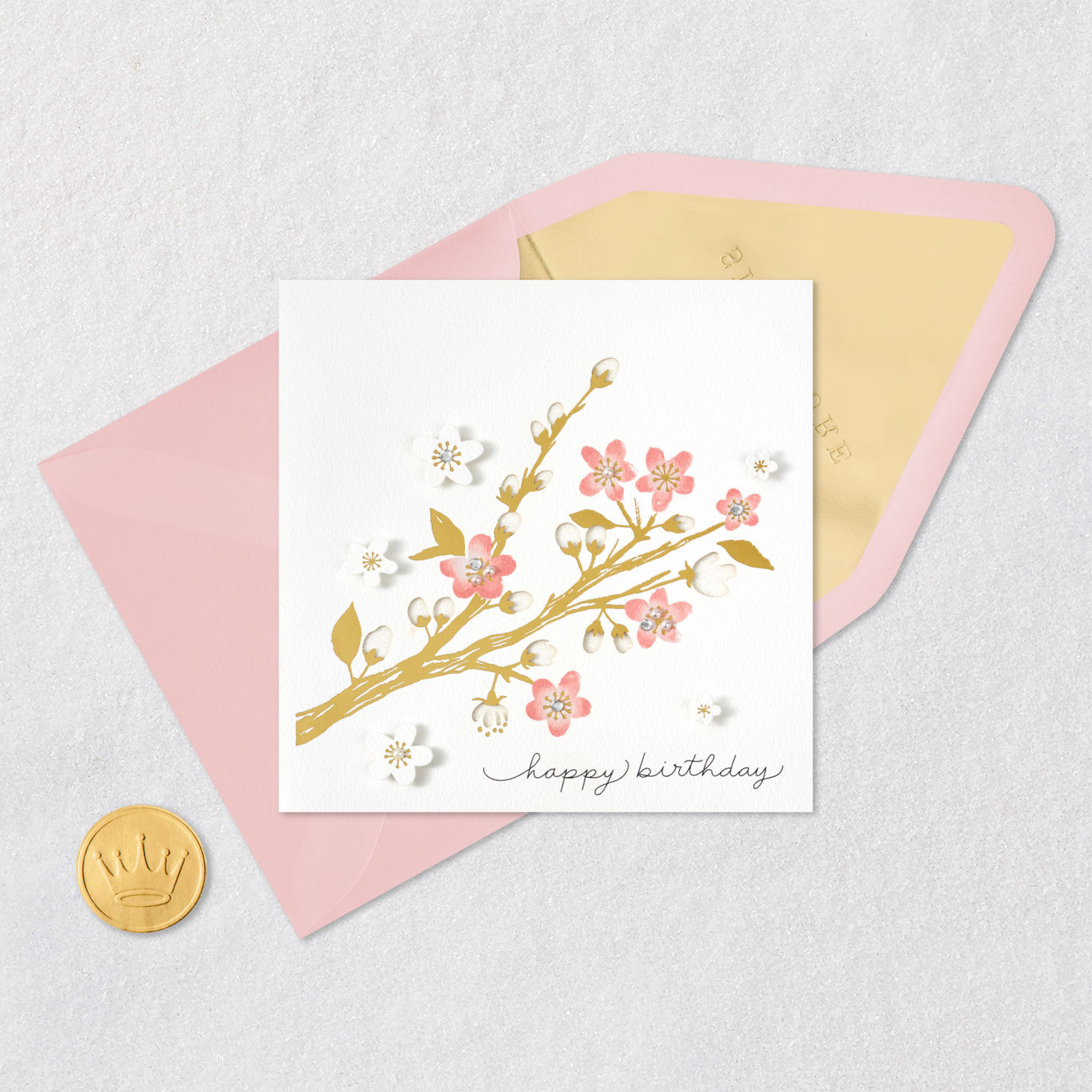 Cherry-Blossom Branches Birthday Card Card Front with Envelope and Gold Seal image number 5